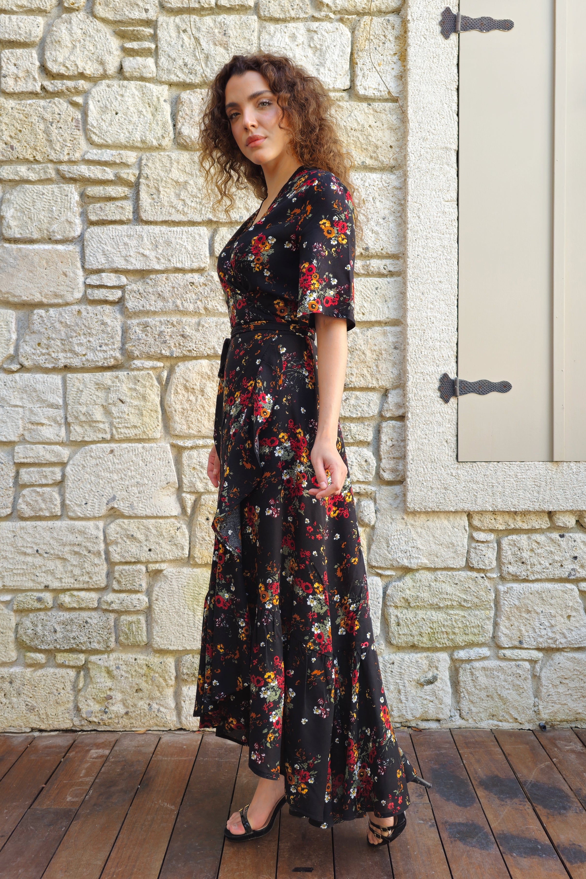 PEONY Floral Wrap Dress (Cream, Black)