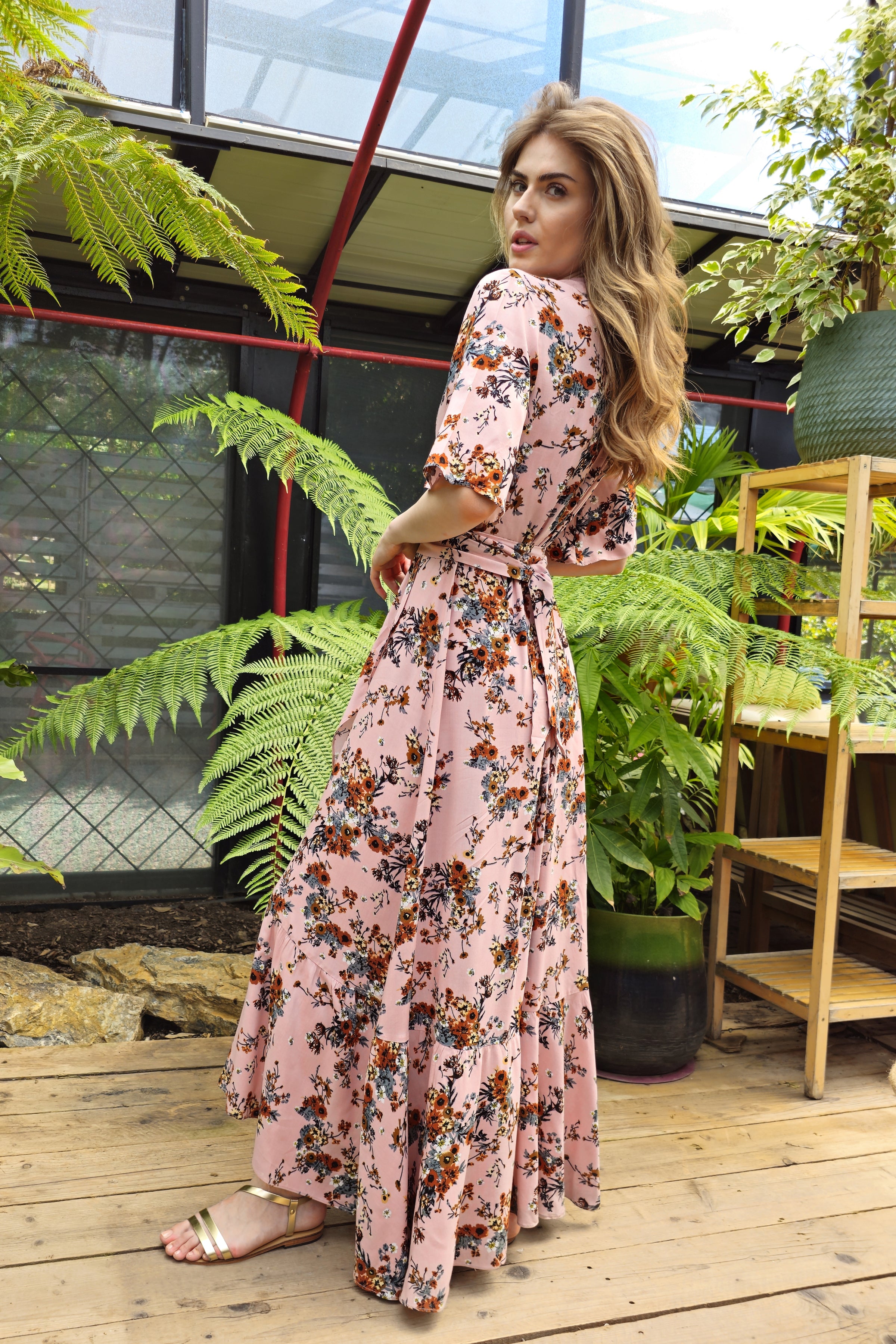 PEONY Floral Wrap Dress (Green, Pink)