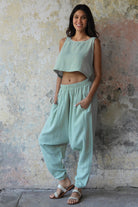 Odana's | Sustainable Gifts | TRIBAL Women's Organic Gauze Cotton Harem Pants (Caramel, Mint Green) | Harem Pants | Sustainable Fashion