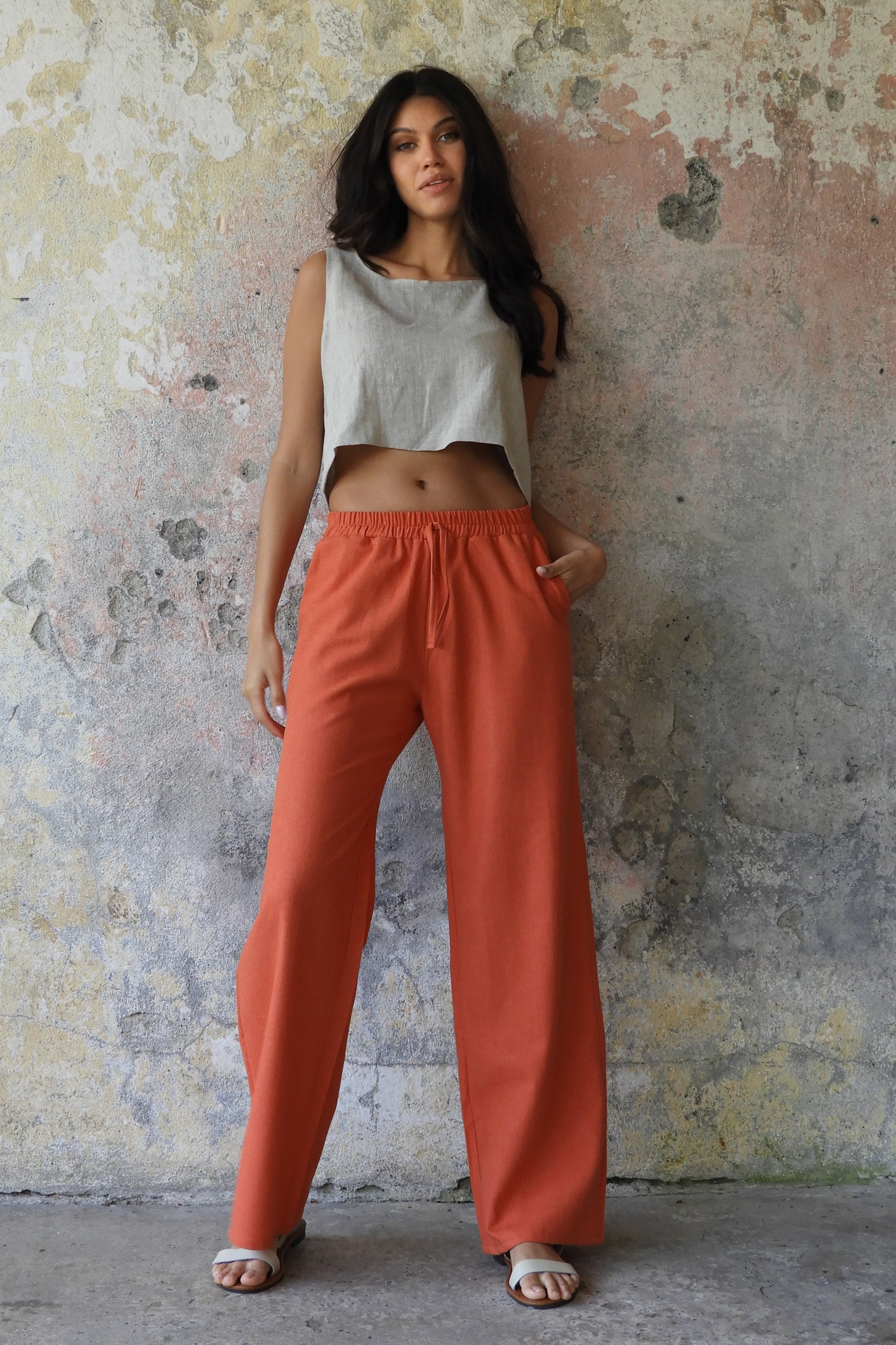 Sustainable  | TRINITY Linen Blend Women's Pants (Burnt Orange, Brown) by Odana's