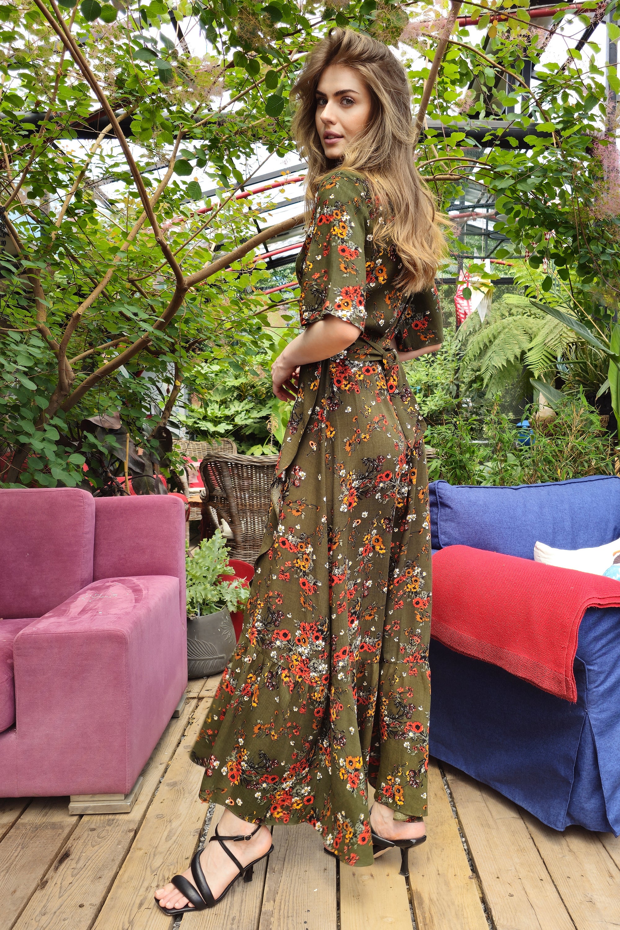 PEONY Floral Wrap Dress (Green, Pink)