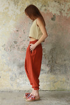 Odana's | Sustainable Gifts | GAIA Women's Organic Gauze Cotton Harem Pants (Red, Terra Cotta, Caramel) | Harem Pants | Sustainable Fashion