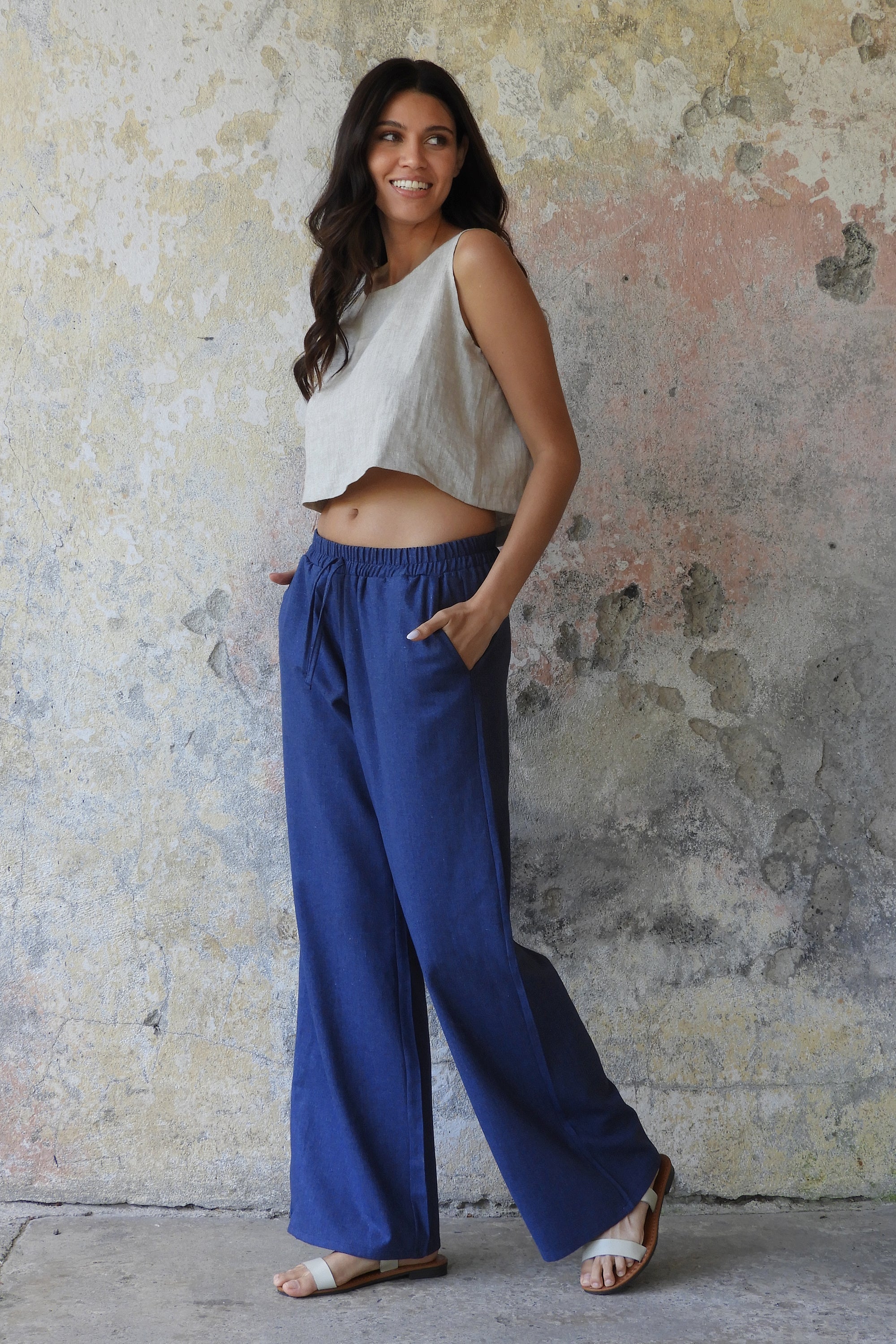 Sustainable  | TRINITY Linen Blend Women's Pants (Tan, Indigo Blue) by Odana's