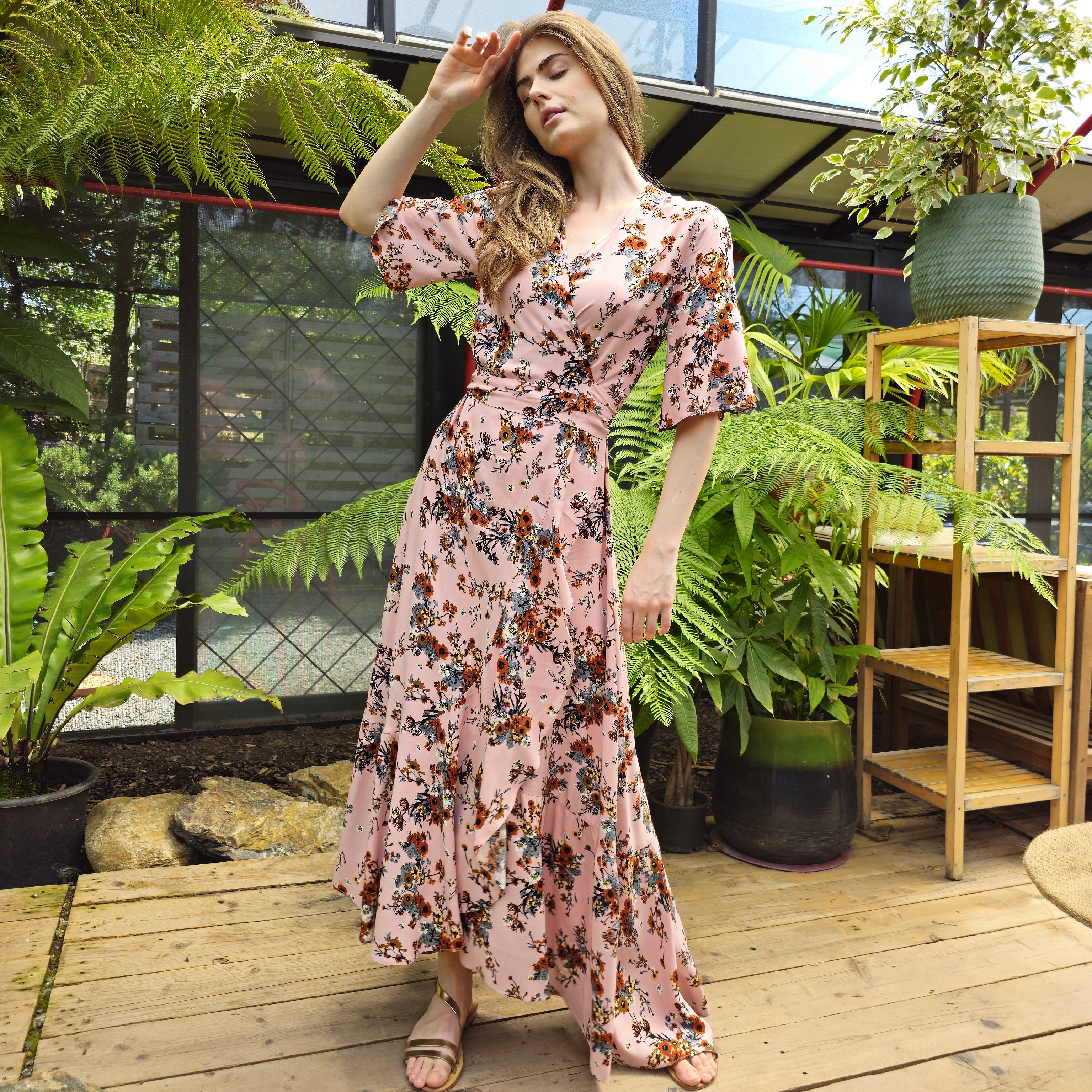 Buy pink PEONY Floral Wrap Dress (Green, Pink)