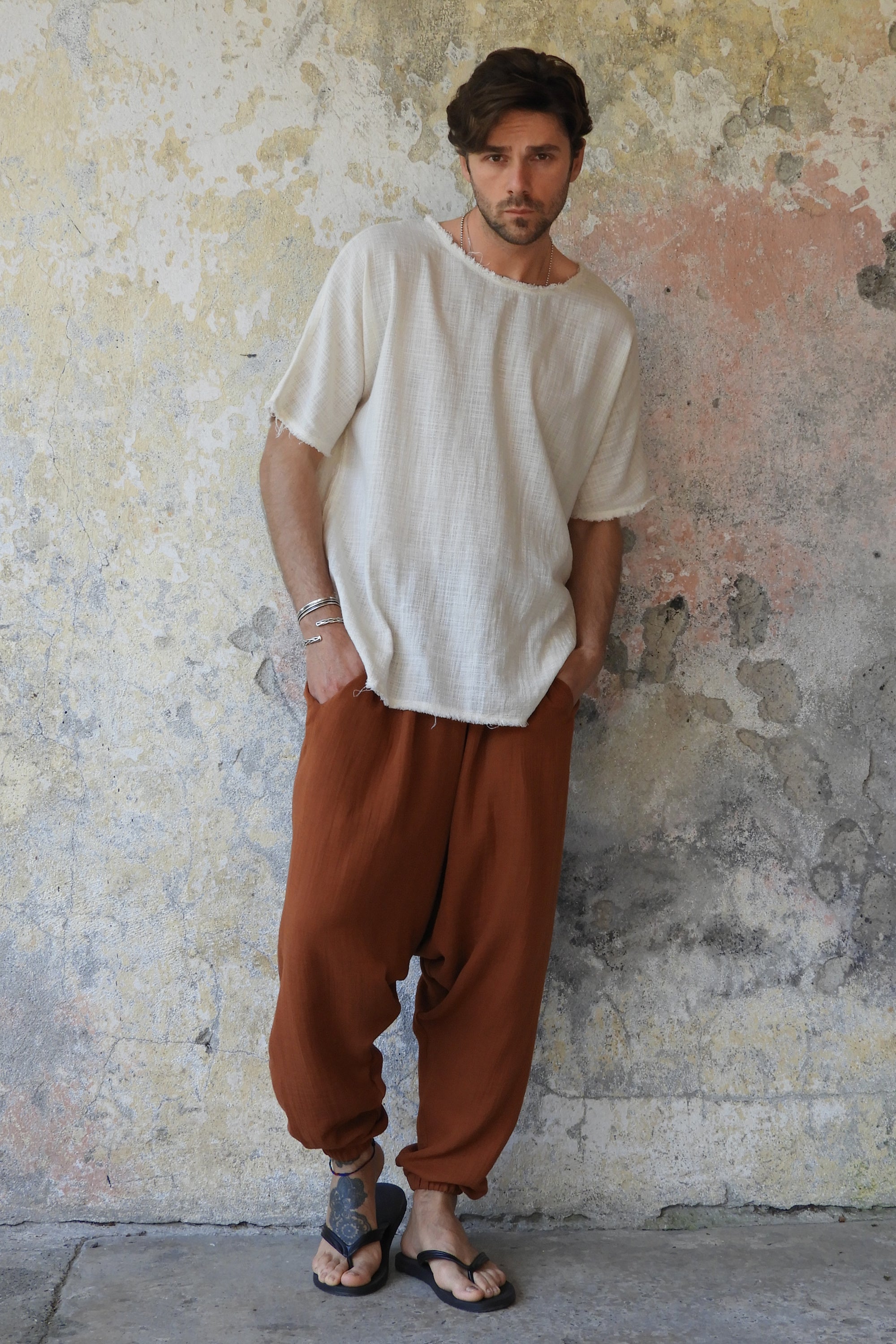 Odana's | Sustainable Gifts | TRIBAL Men's Gauze Cotton Harem Pants (Brown, Gray) Brown | Harem Pants | Sustainable Fashion