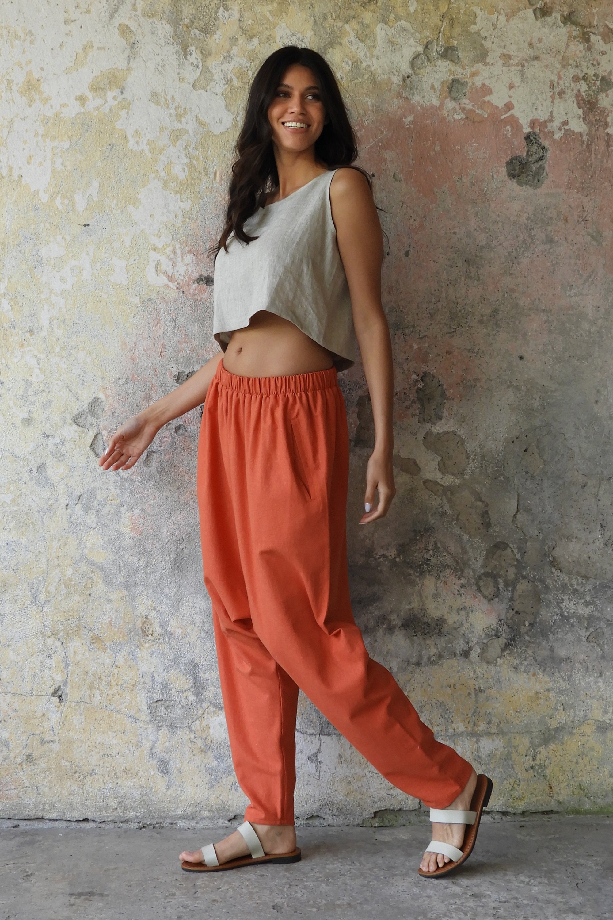 MOON Women's Linen Blend Harem Pants (Windsor Tan, Burnt Orange)