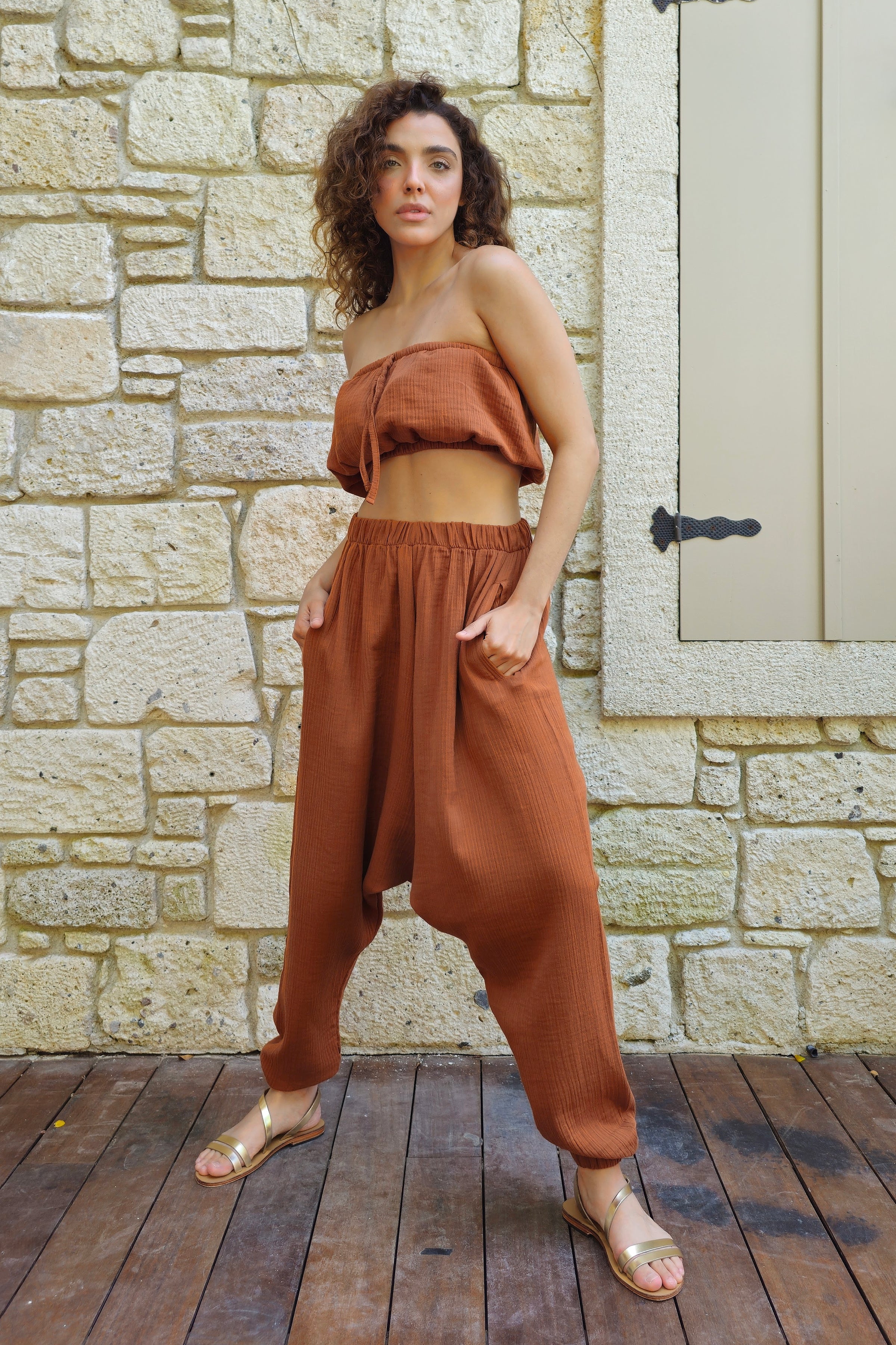 Odana's | Sustainable Gifts | TRIBAL Women's Organic Gauze Cotton Harem Pants (Brown, Dark Blue) Brown | Harem Pants | Sustainable Fashion