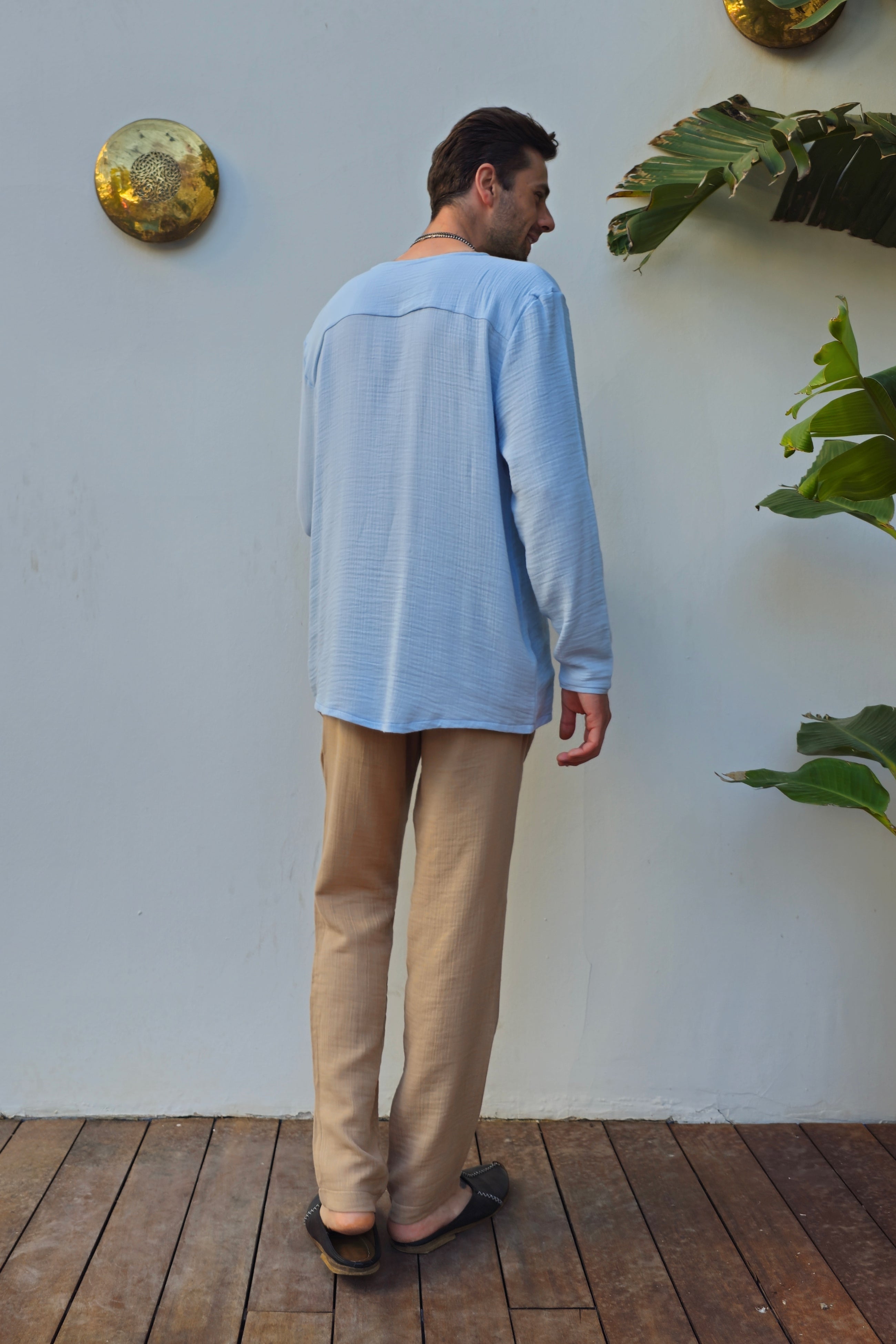 THANOS Bamboo & Cotton Shirt – Men's Oversized Boho Shirt ( Mist Blue, Beige )