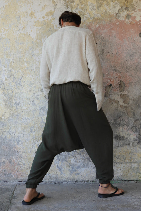 Odana's | Sustainable Gifts | TRIBAL Men's Organic Gauze Cotton Harem Pants (Army Green, Sage Green) | Harem Pants | Sustainable Fashion