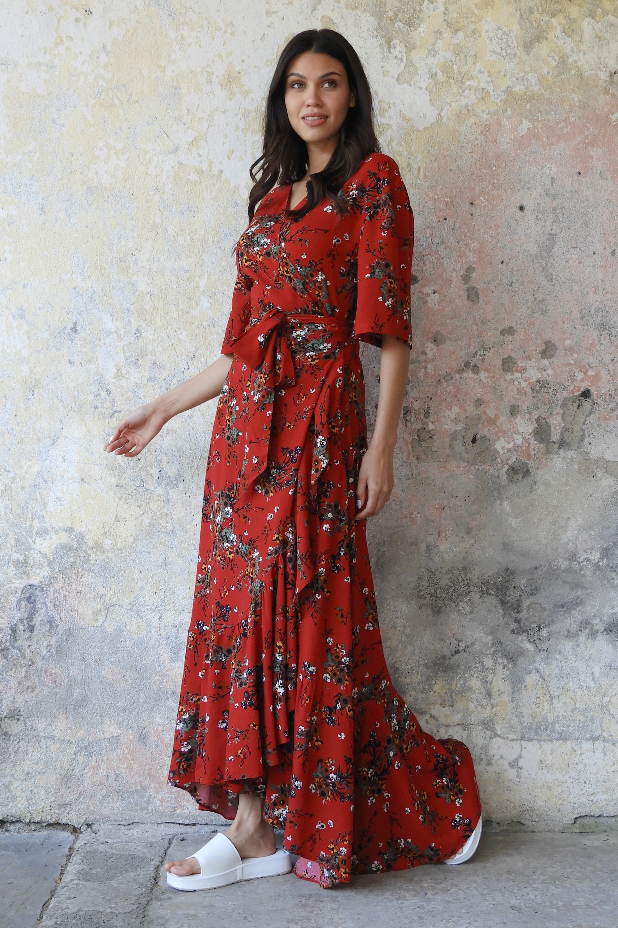Odana's | PEONY Floral Wrap Dress Red | Maxi Dress | Sustainable Fashion
