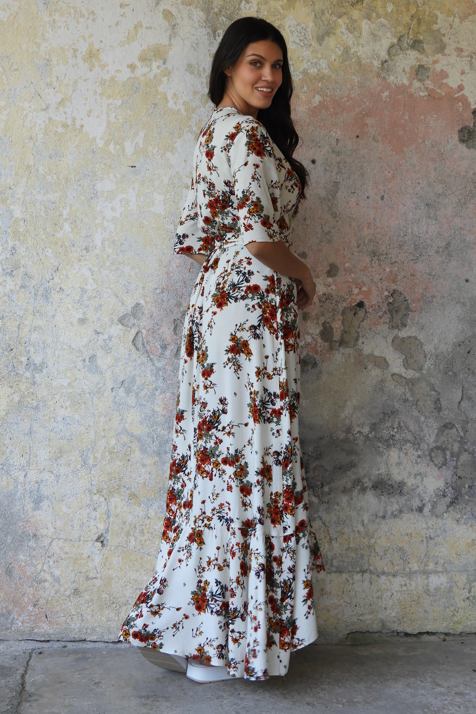PEONY Floral Wrap Dress (Cream, Black)