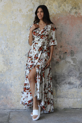 PEONY Floral Wrap Dress (Cream, Black)