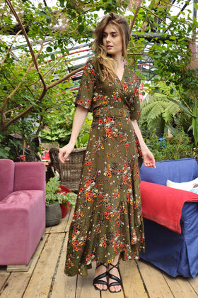 PEONY Floral Wrap Dress (Green, Pink) - 0