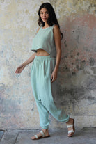Odana's | Sustainable Gifts | TRIBAL Women's Organic Gauze Cotton Harem Pants (Caramel, Mint Green) | Harem Pants | Sustainable Fashion