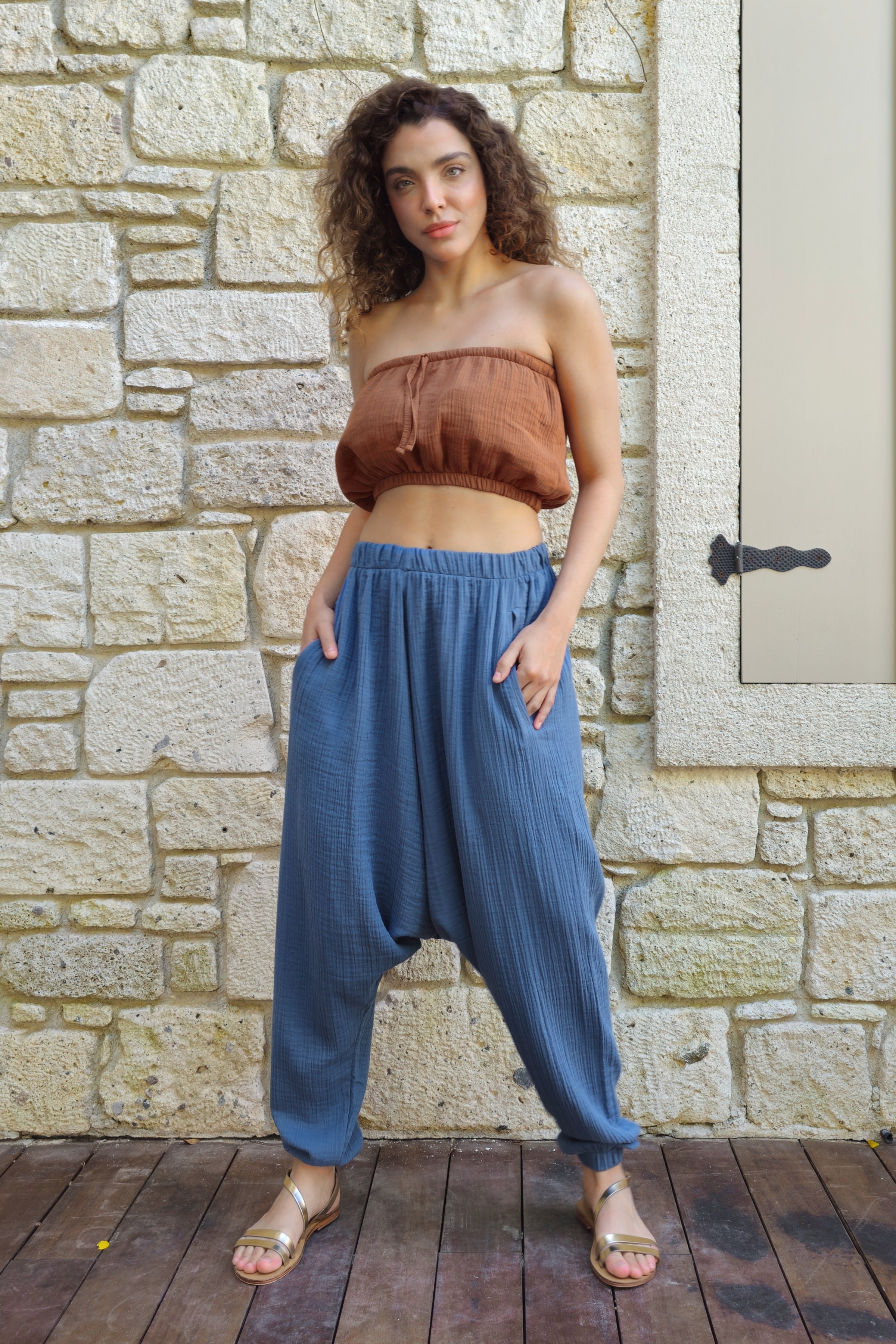 Odana's | Sustainable Gifts | TRIBAL Women's Organic Gauze Cotton Harem Pants (Light Indigo Blue,Mustard) Light Indigo Blue | Harem Pants | Sustainable Fashion