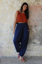 Odana's | Sustainable Gifts | TRIBAL Women's Organic Gauze Cotton Harem Pants (Brown, Dark Blue) | Harem Pants | Sustainable Fashion