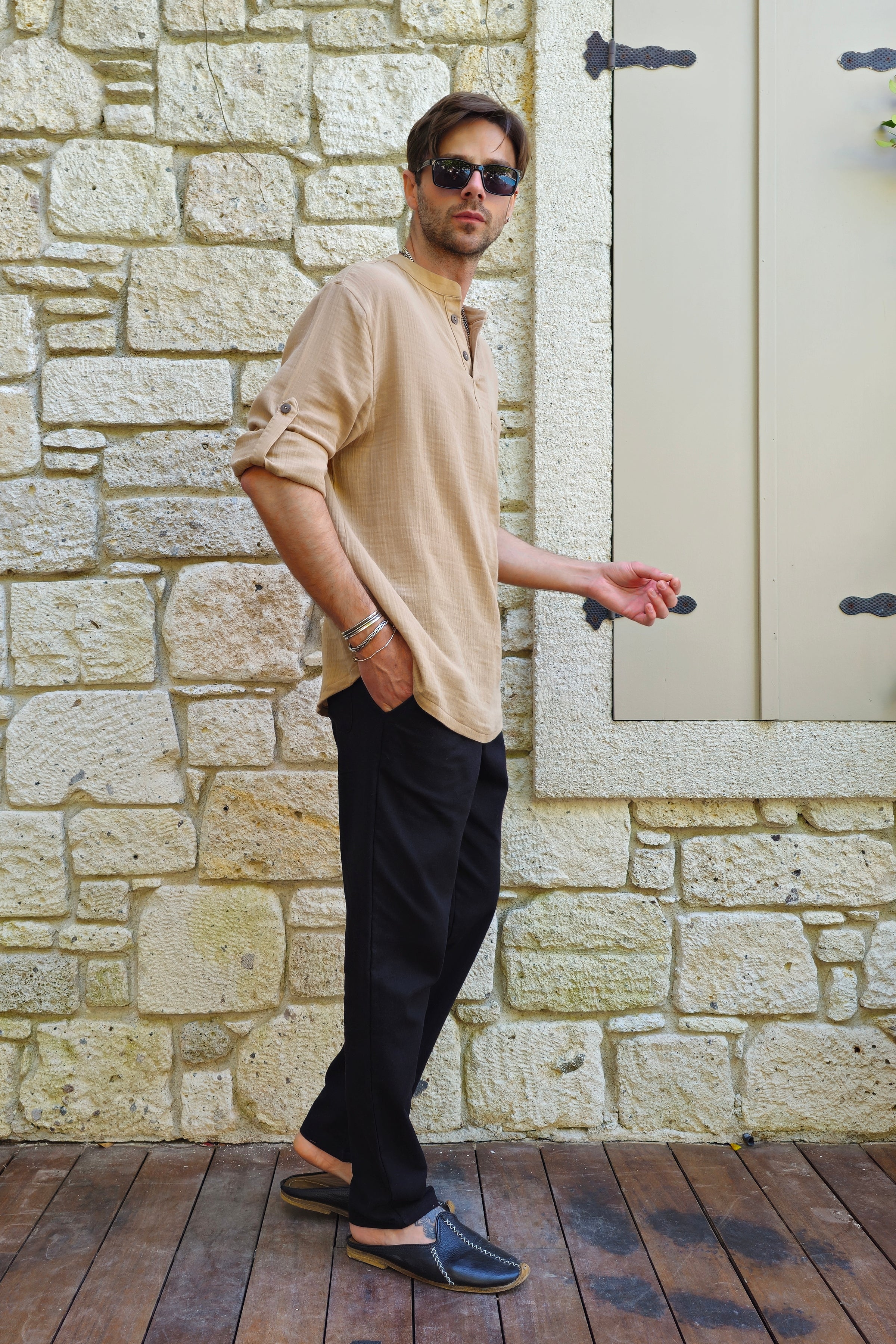 Odana's | ZEUS | Men's Double Gauze Shirt (Beige, Dark Blue) | The