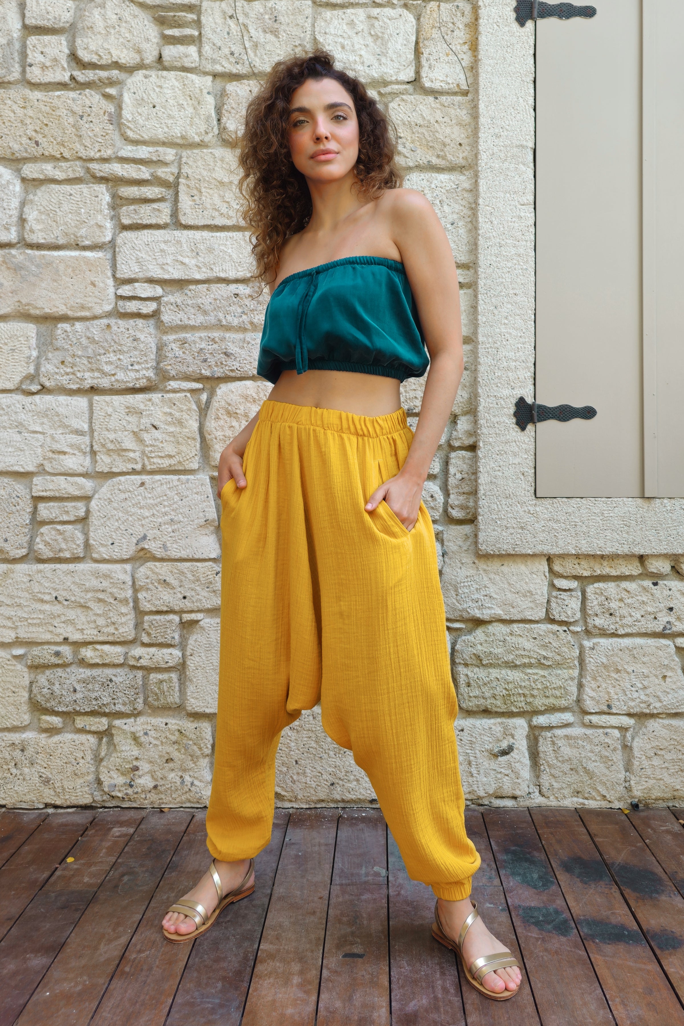Odana's | TRIBAL Women's Organic Gauze Cotton Harem Pants (Light Indigo Blue,Mustard) Mustard | Harem Pants | Sustainable Fashion