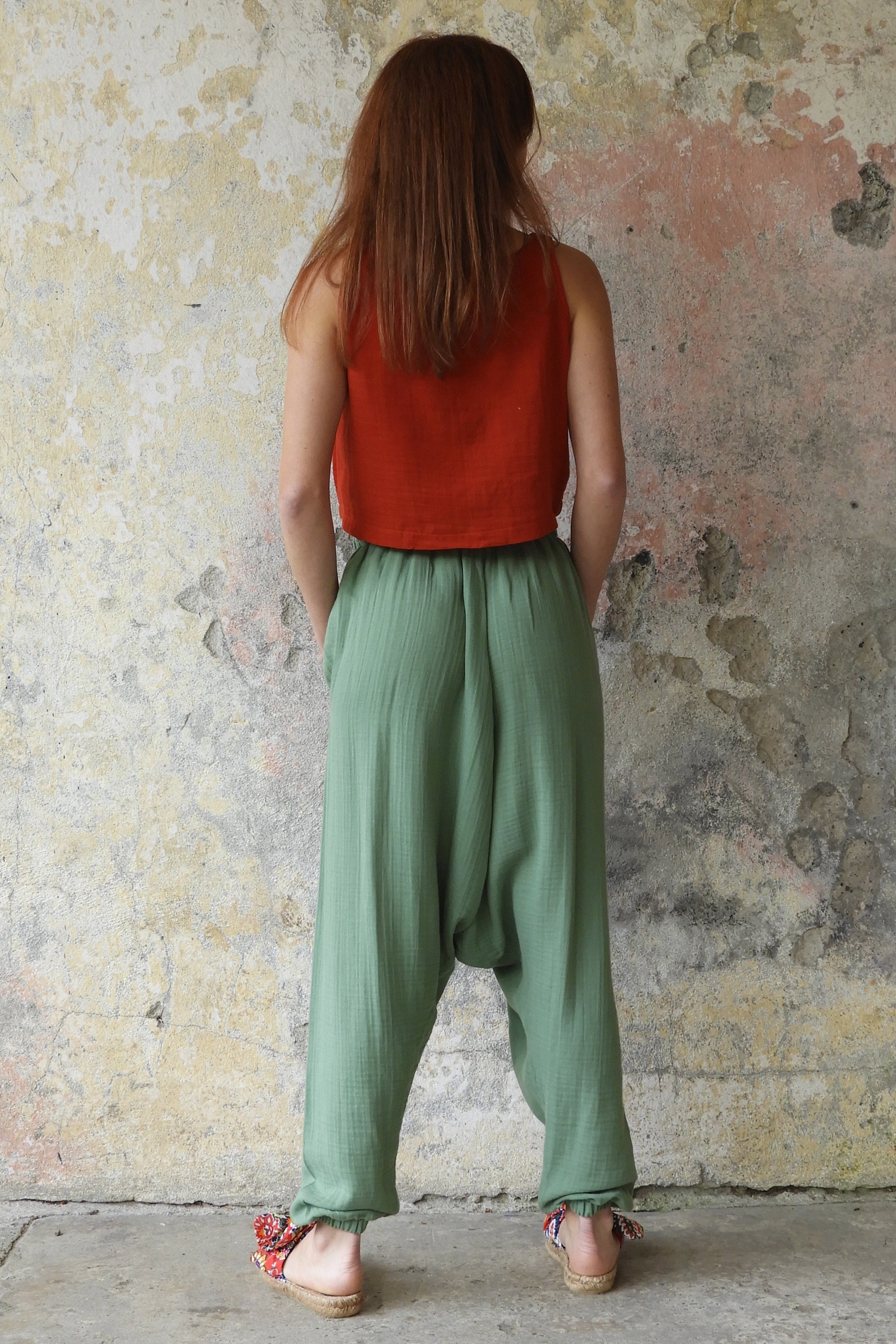 Sustainable  | TRIBAL Women's Gauze Cotton Harem Pants (Green) by Odana's