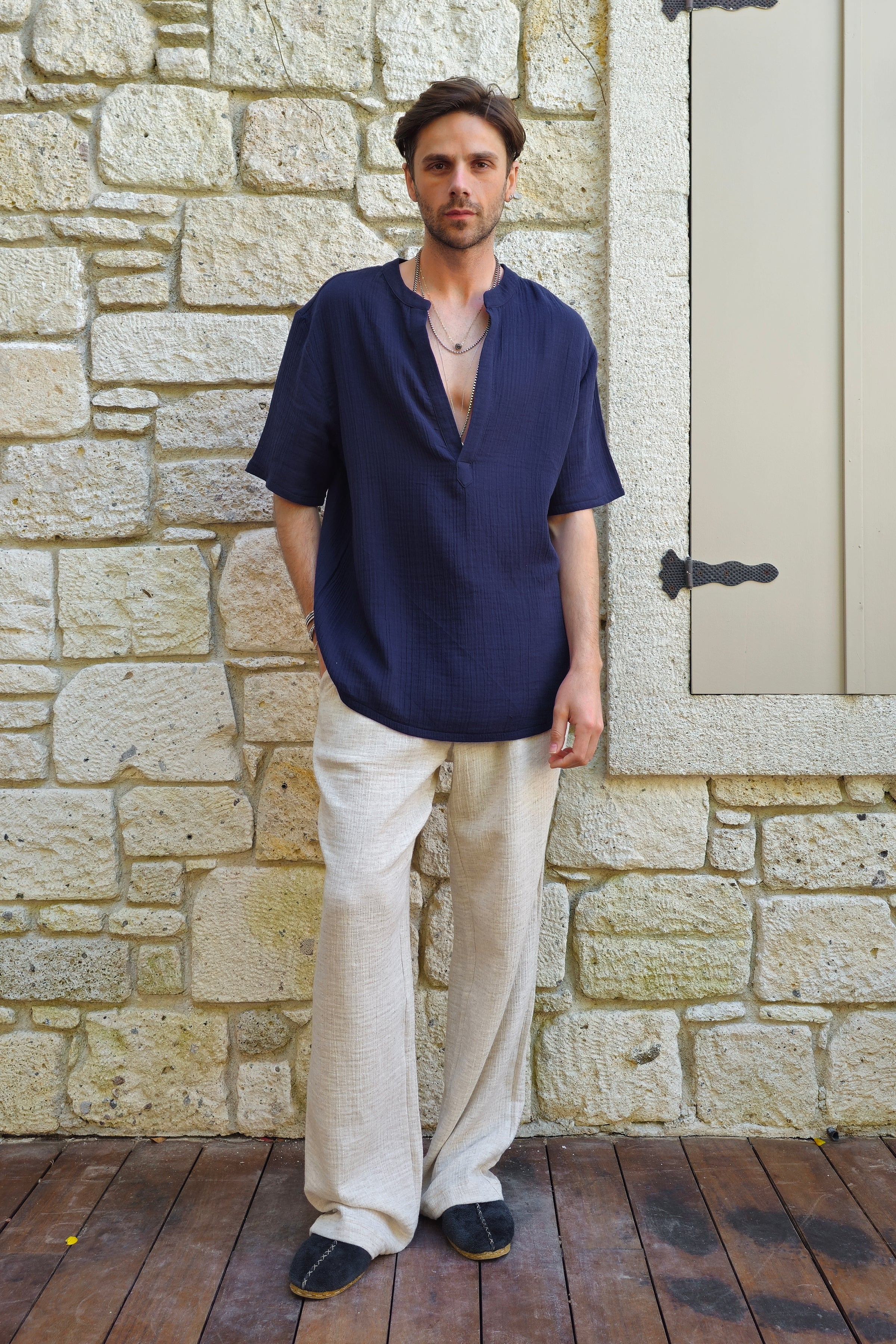 Odana's | Sustainable Gifts | ARCHEUS Organic Cotton Double Gauze Shirt (Dark Blue, Baby Blue) Dark Blue | Shirts | Sustainable Fashion