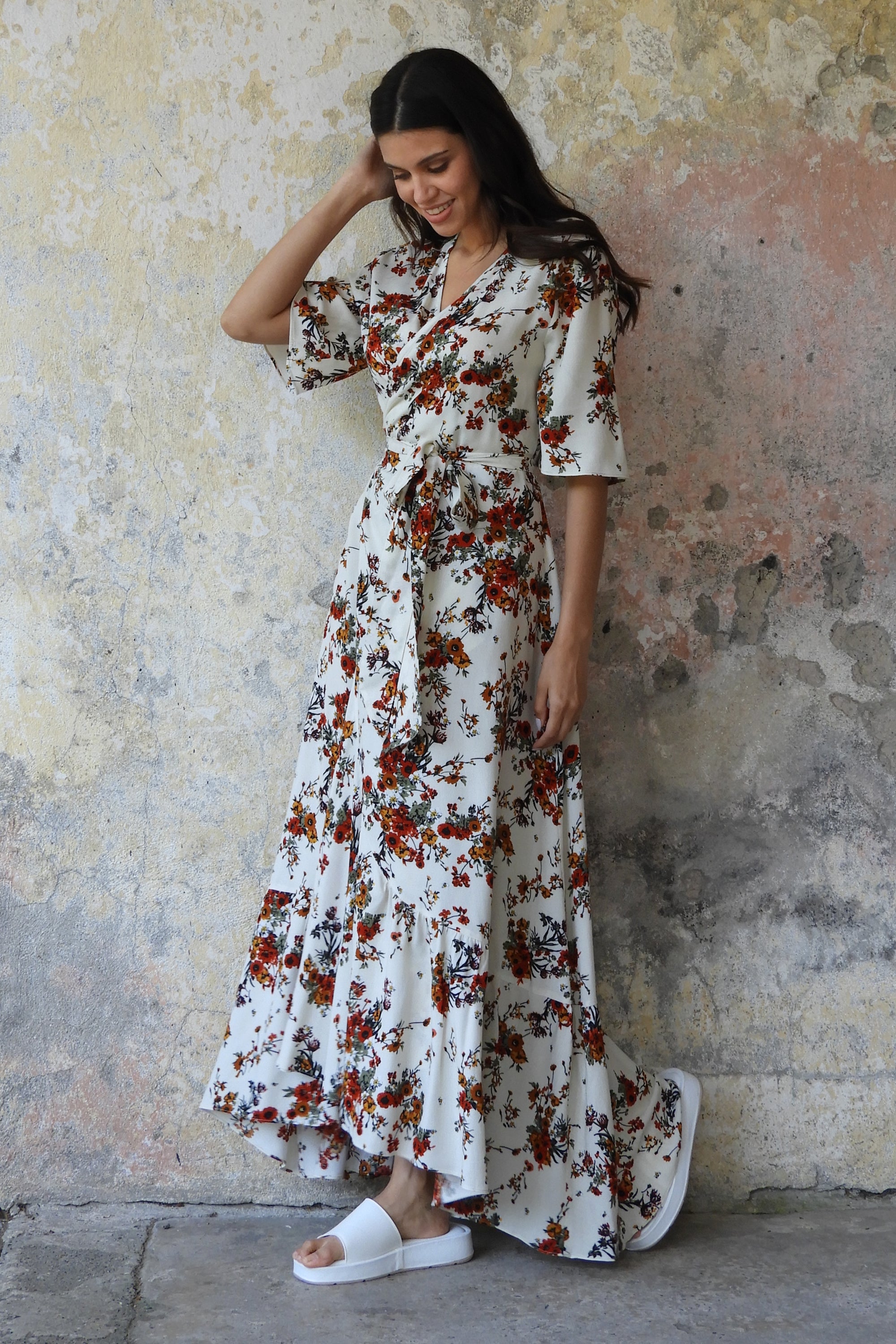 PEONY Floral Wrap Dress (Cream, Black) - 0