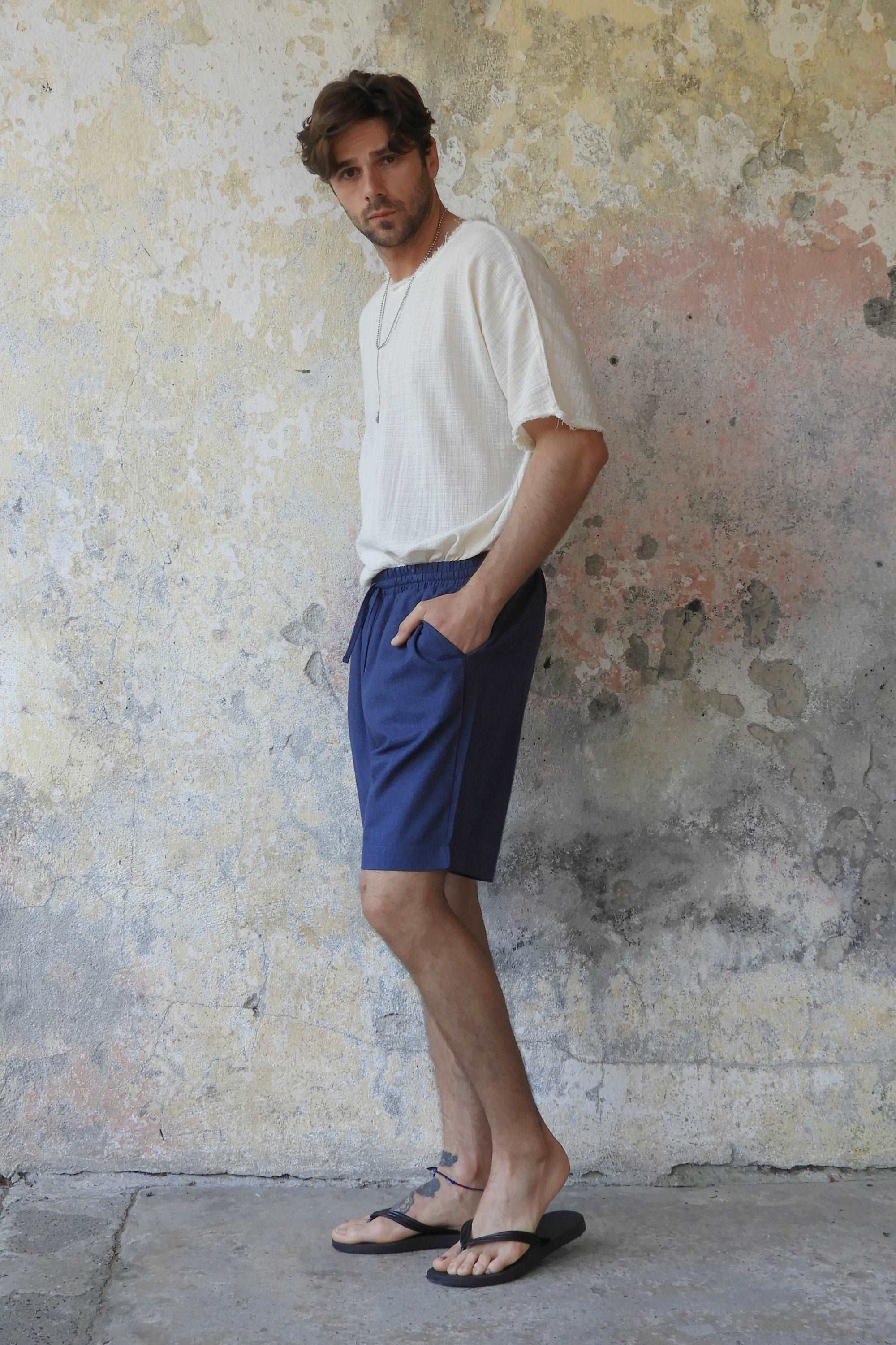 Sustainable  | BOREAS Linen Blend Shorts Man (Indigo Blue, Windsor Tan) by Odana's