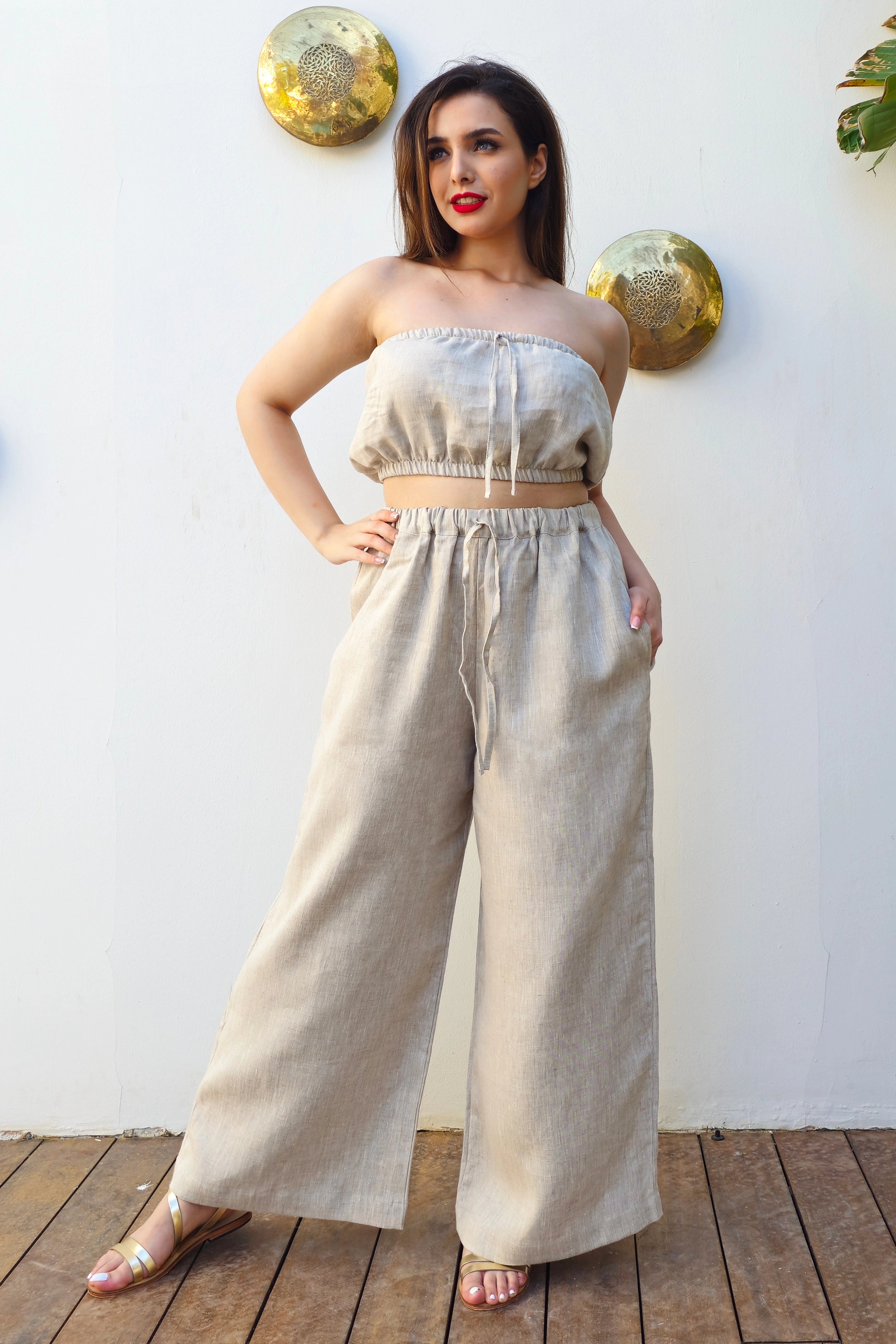extra baggy beige linen pants plus size set
