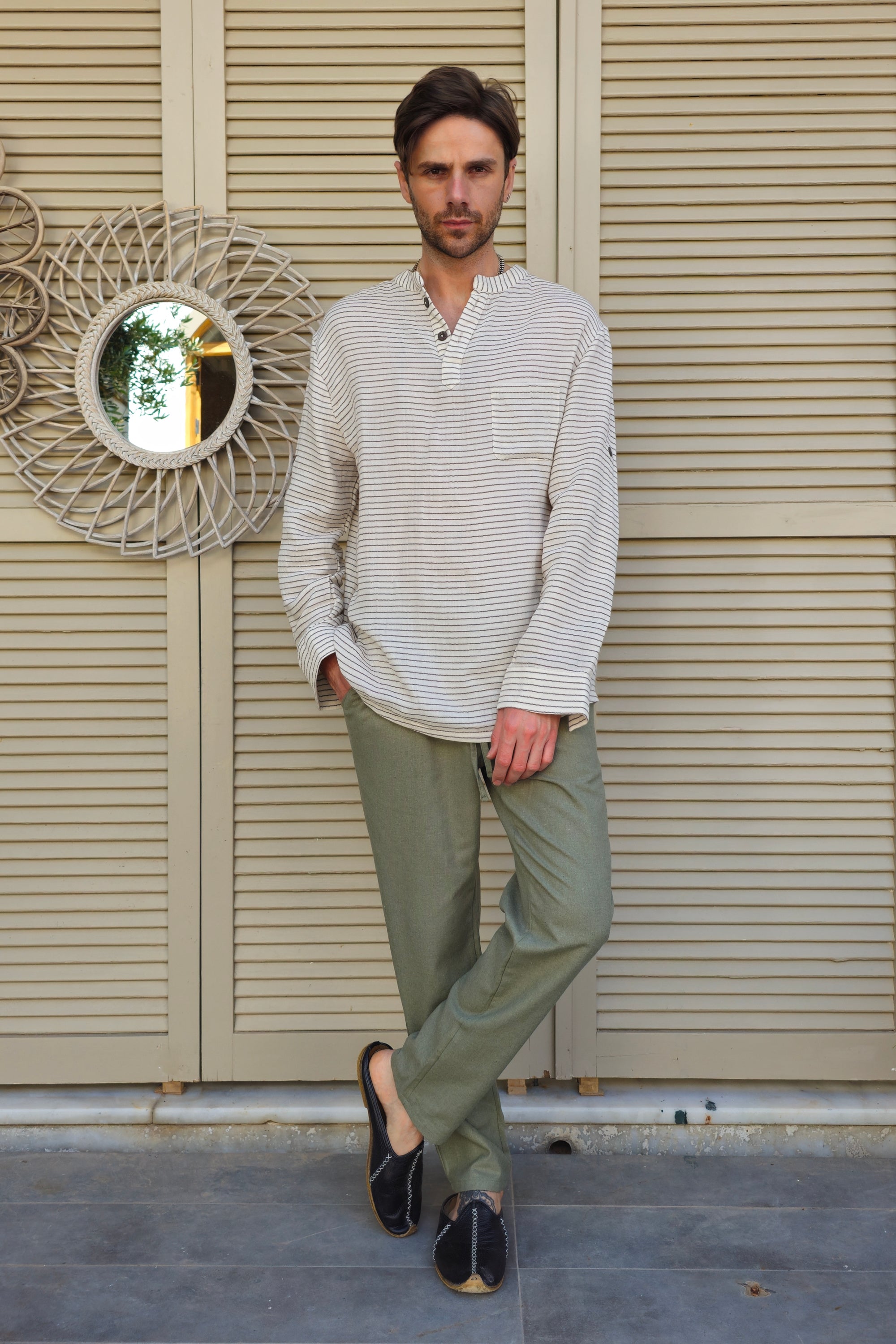 Odana's | POSEIDON Eco-Friendly Linen & Cotton Blend Drawstring Pants (Windsor Tan, Green Almond) | POSEIDON Eco-Friendly Linen & Cotton Blend Drawstring Pants | Sustainable Fashion