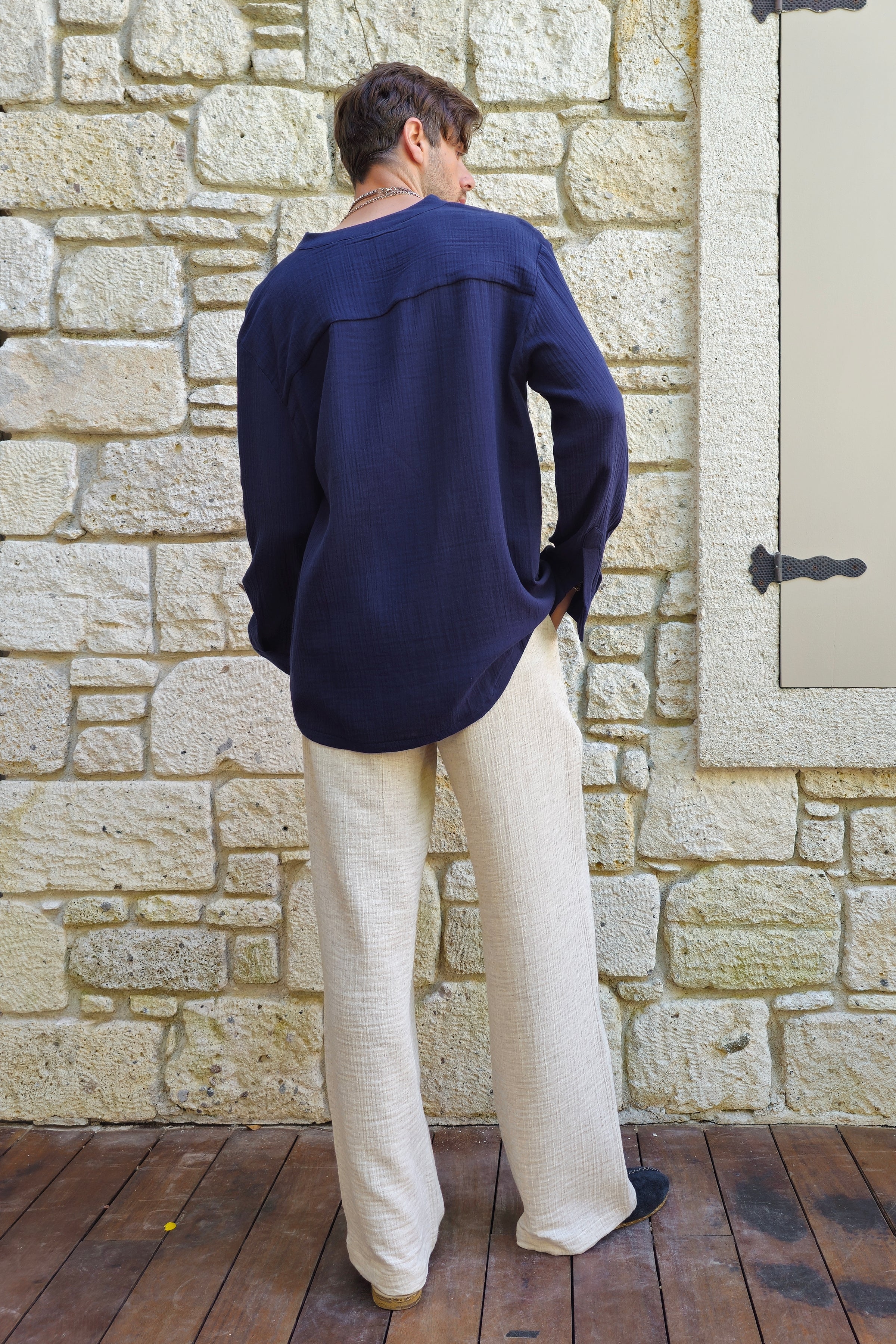 Odana's | ZEUS Men's Double Gauze Shirt (Beige, Dark Blue) | Shirts | Sustainable Fashion
