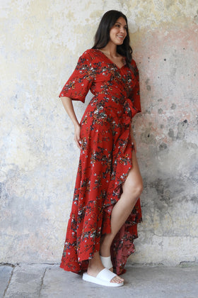 PEONY Floral Wrap Dress (Red) - 0