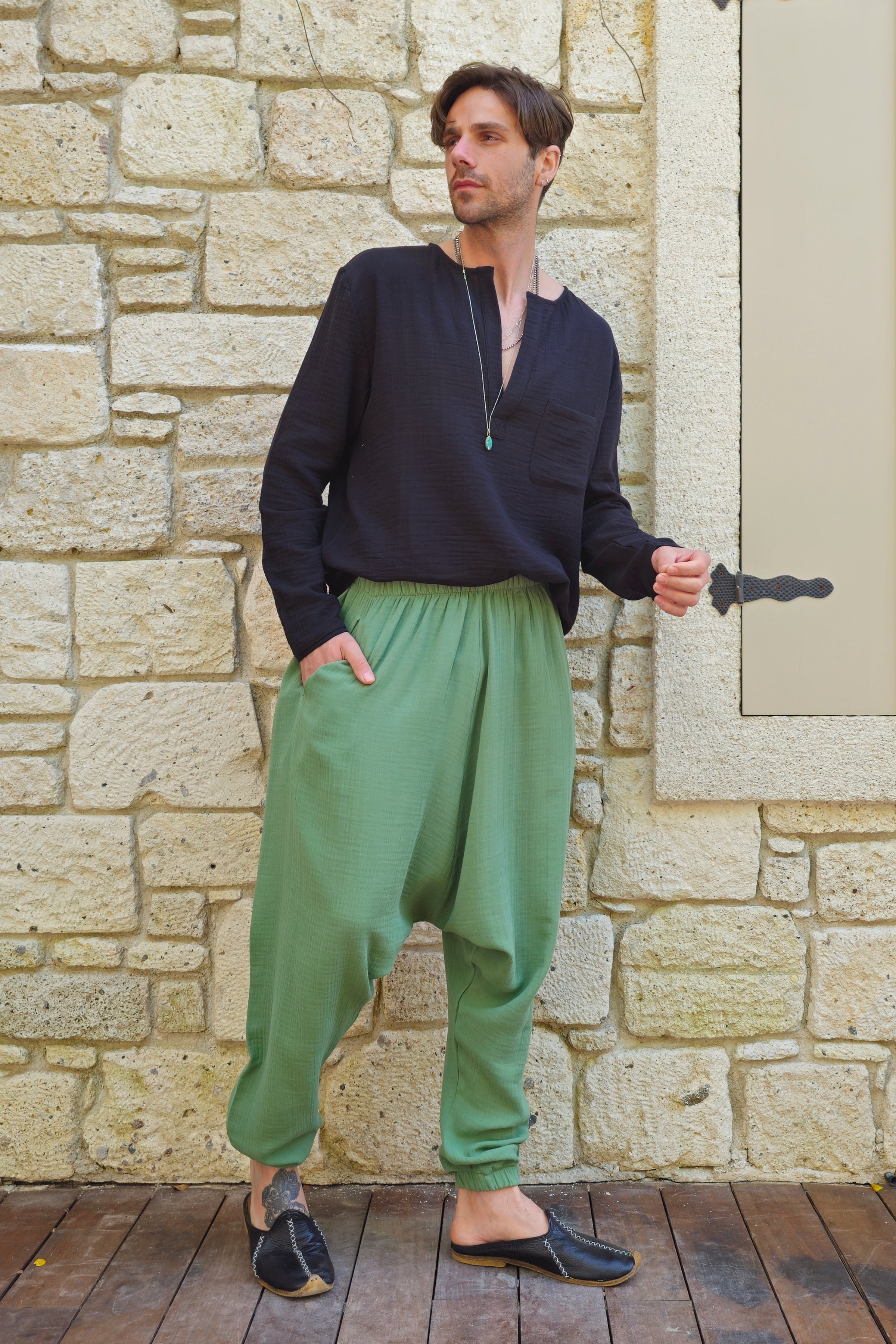 Odana's | TRIBAL Gender Neutral Organic Gauze Cotton Harem Pants (Mustard, Green) Green | Harem Pants | Sustainable Fashion