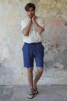 Odana's | Sustainable Gifts | BOREAS Linen Blend Shorts Man (Indigo Blue, Windsor Tan) | Linen Pants | Sustainable Fashion