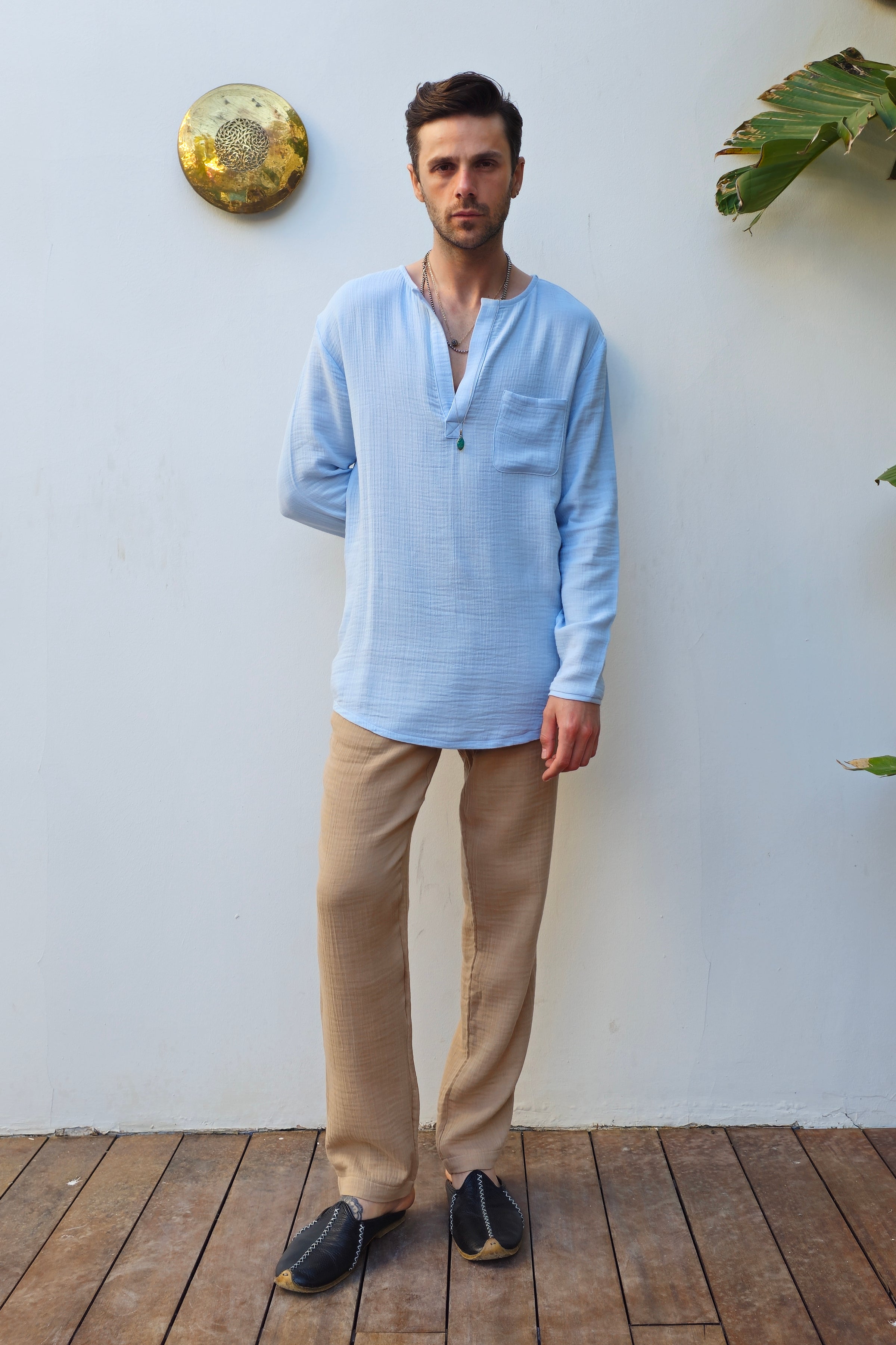 THANOS Bamboo-Cotton Shirt – Men's Oversized Boho Shirt ( Mist Blue, Beige )
