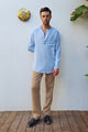 THANOS Bamboo-Cotton Shirt – Men's Oversized Boho Shirt ( Mist Blue, Beige )