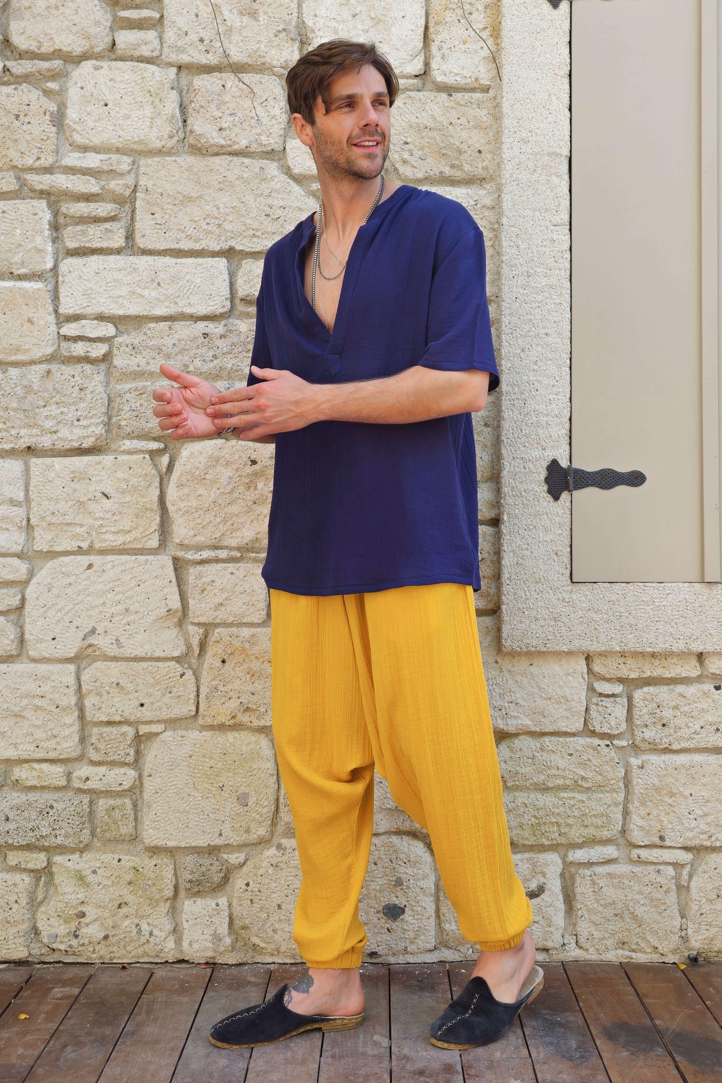 Odana's | TRIBAL Gender Neutral Organic Gauze Cotton Harem Pants (Mustard, Green) | Harem Pants | Sustainable Fashion