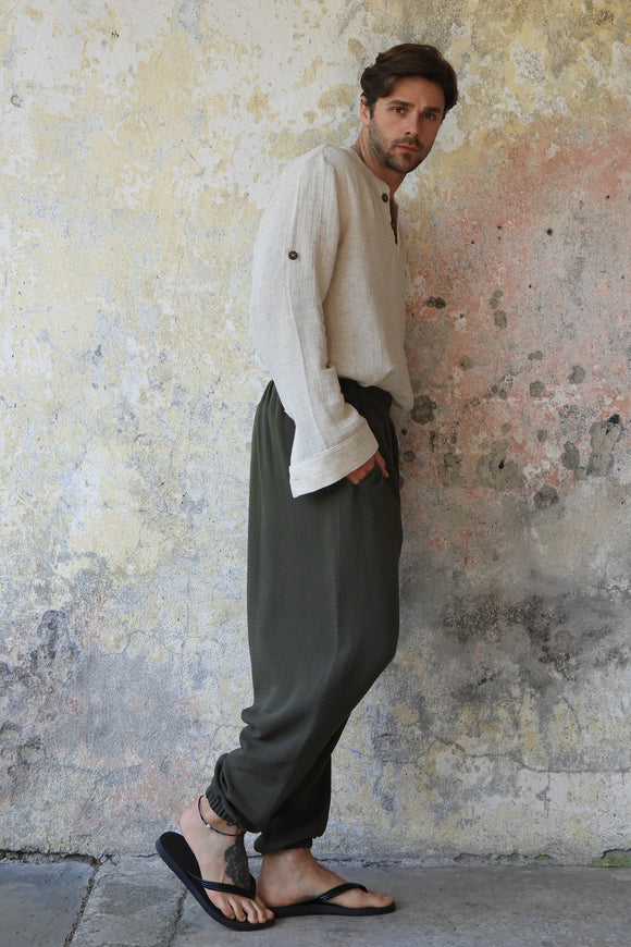 Odana's | Sustainable Gifts | TRIBAL Men's Organic Gauze Cotton Harem Pants (Army Green, Sage Green) | Harem Pants | Sustainable Fashion