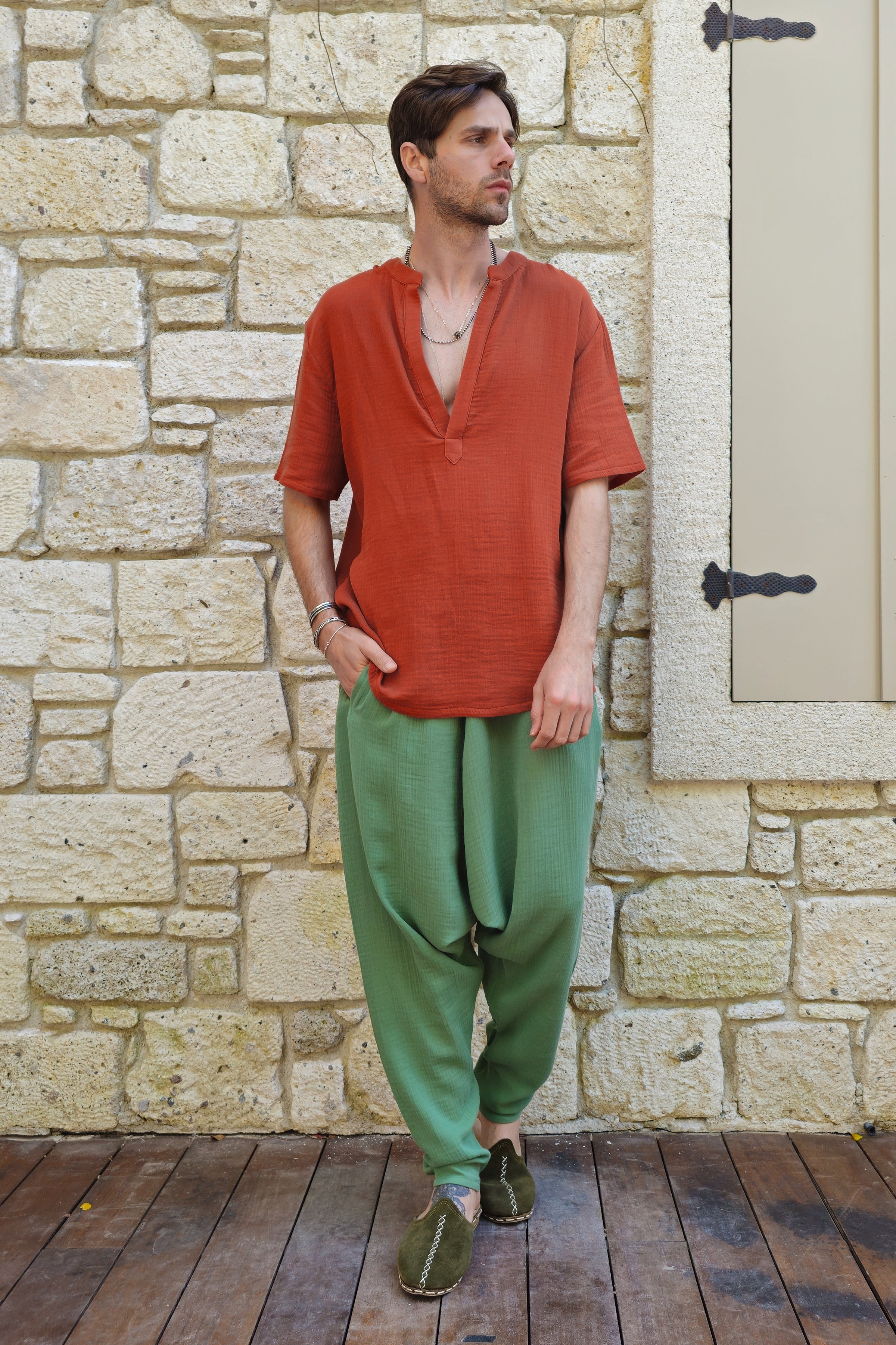 Odana's | Sustainable Gifts | ARCHEUS Organic Cotton Double Gauze Shirt (Light Indigo Blue, Rust Red) Rust Red | Shirts | Sustainable Fashion