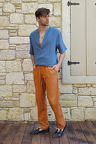 Odana's | Sustainable Gifts | ARCHEUS Organic Cotton Double Gauze Shirt (Light Indigo Blue, Rust Red) | Shirts | Sustainable Fashion