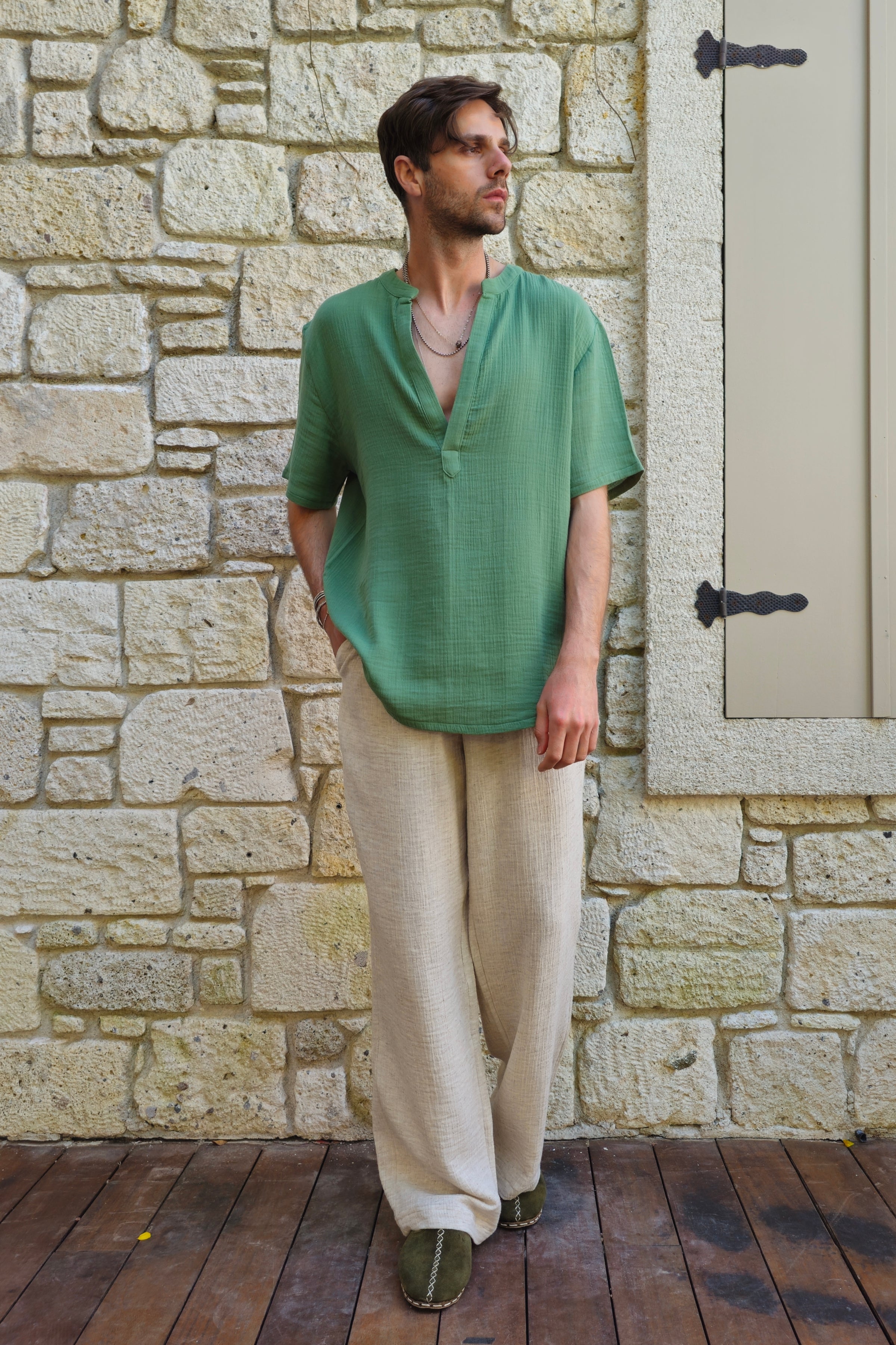 Odana's | Sustainable Gifts | ARCHEUS Organic Cotton Double Gauze Shirt (Green, Black) Green | Shirts | Sustainable Fashion