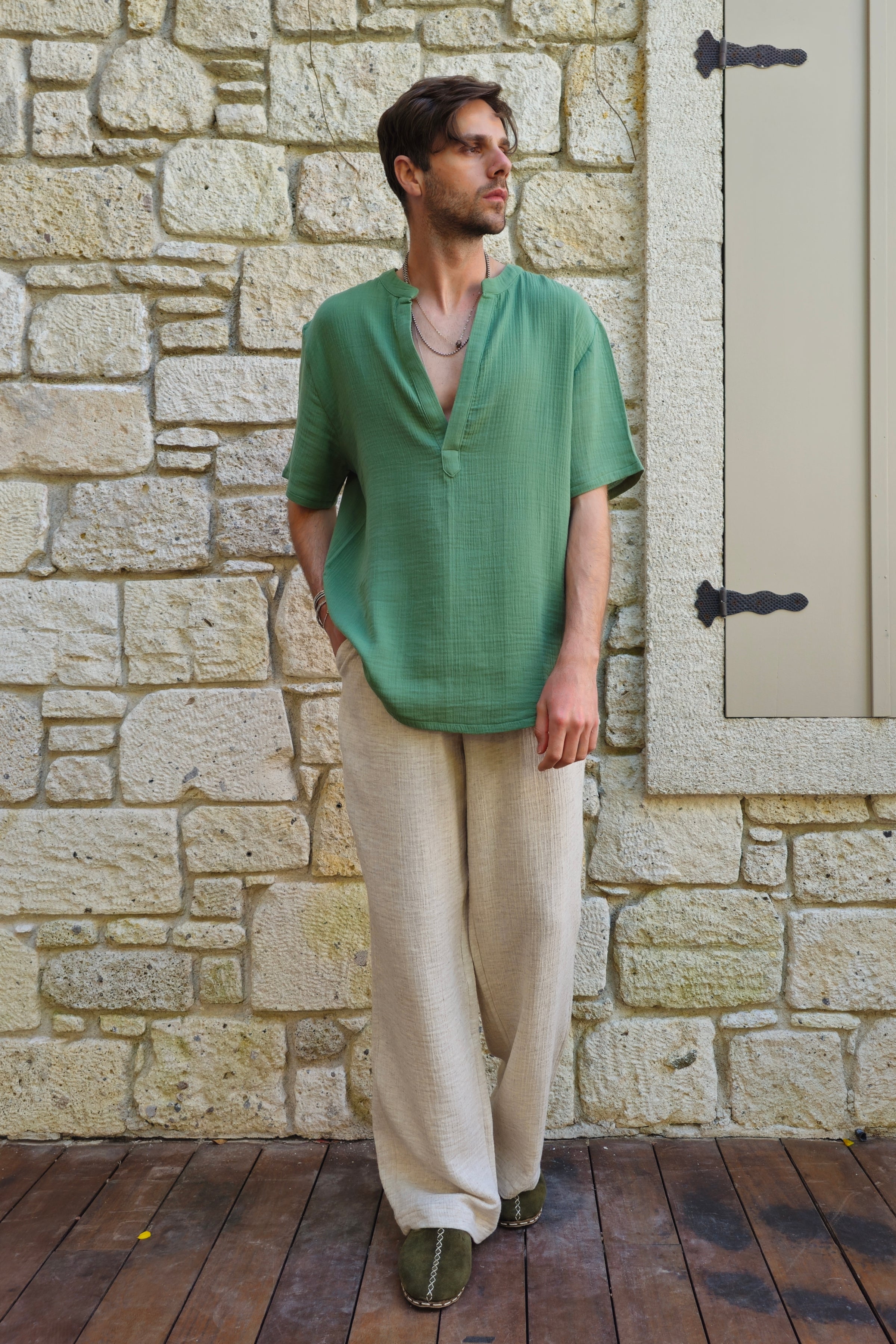 Odana's | ARCHEUS Organic Cotton Double Gauze Shirt (Green, Black) Green | Shirts | Sustainable Fashion