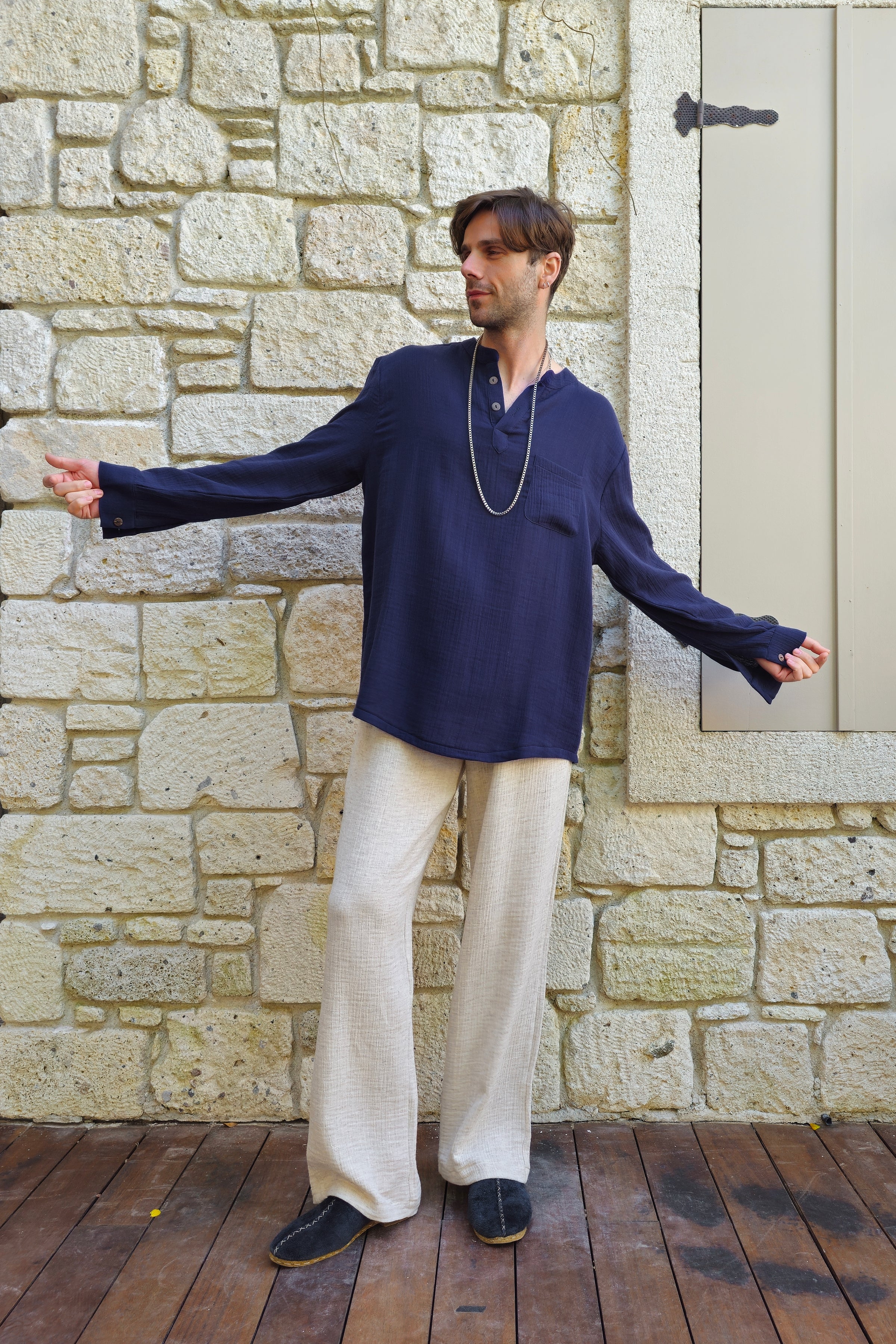 Odana's | ZEUS | Men's Double Gauze Shirt (Beige, Dark Blue) | The