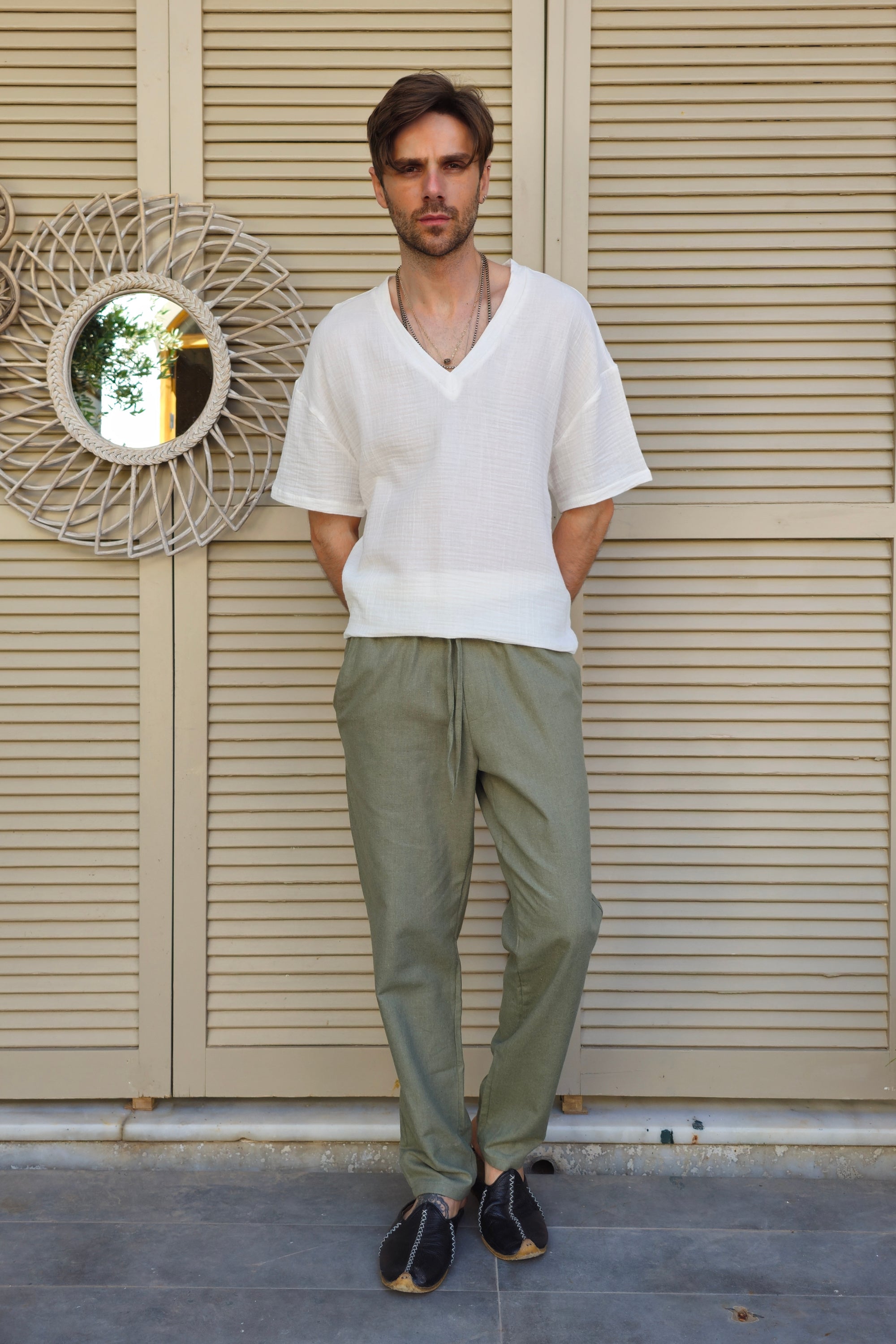 Odana's | Sustainable Gifts | POSEIDON Eco-Friendly Linen & Cotton Blend Drawstring Pants (Windsor Tan, Green Almond) Green Almond | POSEIDON Eco-Friendly Linen & Cotton Blend Drawstring Pants | Sustainable Fashion