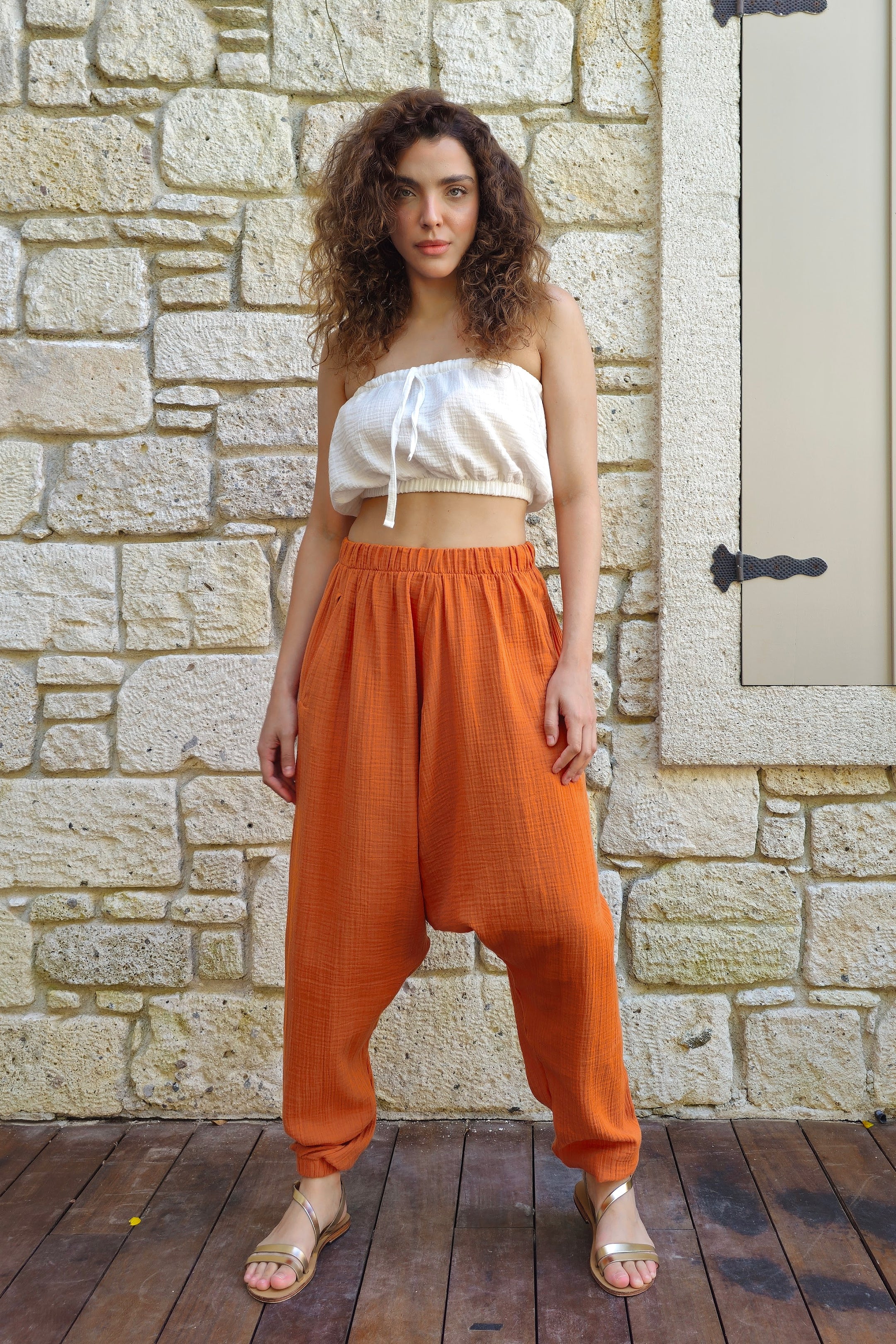 Odana's | Sustainable Gifts | TRIBAL Women's Organic Gauze Cotton Harem Pants (Orange) Orange | Harem Pants | Sustainable Fashion