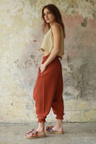 Odana's | Sustainable Gifts | GAIA Women's Organic Gauze Cotton Harem Pants (Red, Terra Cotta, Caramel) | Harem Pants | Sustainable Fashion