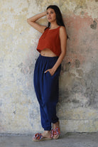 Odana's | Sustainable Gifts | TRIBAL Women's Organic Gauze Cotton Harem Pants (Brown, Dark Blue) | Harem Pants | Sustainable Fashion