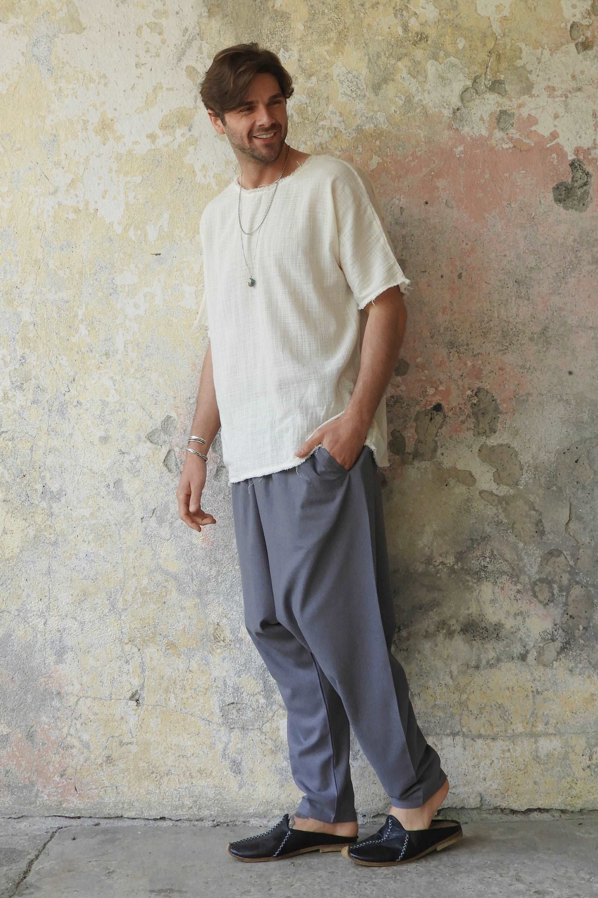 Sustainable  | MOON Men's Linen Blend Harem Pants (Dark Gray, Brown) by Odana's