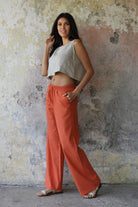 Odana's | Sustainable Gifts | TRINITY Linen Blend Women's Pants (Burnt Orange, Brown) | Harem Pants | Sustainable Fashion