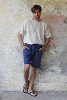 Odana's | Sustainable Gifts | BOREAS Linen Blend Shorts Man (Indigo Blue, Windsor Tan) | Linen Pants | Sustainable Fashion
