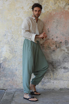 Odana's | Sustainable Gifts | TRIBAL Men's Organic Gauze Cotton Harem Pants (Army Green, Sage Green) | Harem Pants | Sustainable Fashion