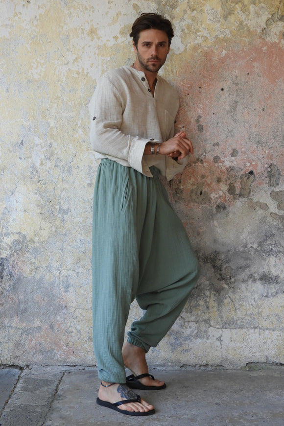 Odana's | Sustainable Gifts | TRIBAL Men's Organic Gauze Cotton Harem Pants (Army Green, Sage Green) | Harem Pants | Sustainable Fashion